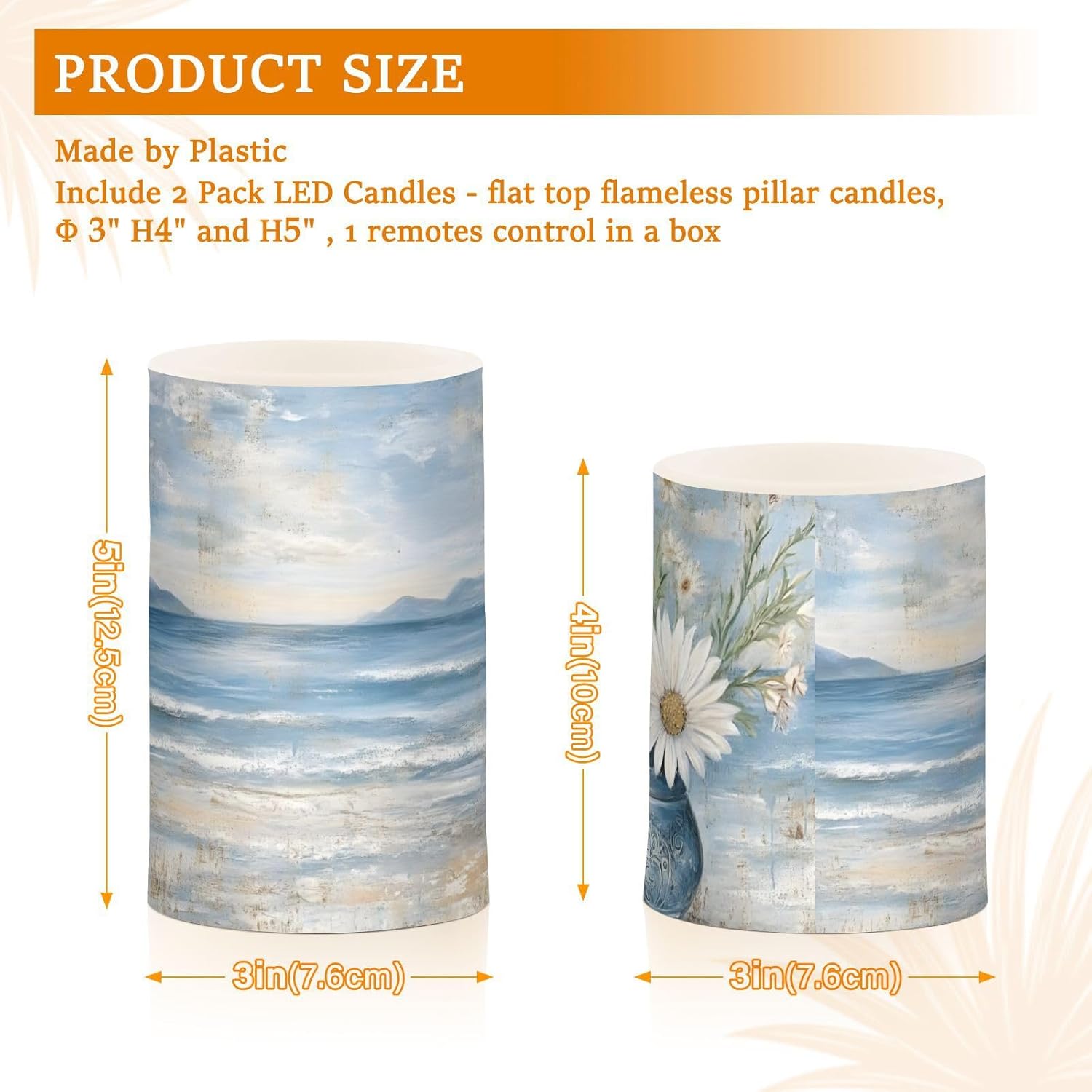 Flameless Candles Vintage Beach Vase Daisy with Remote - No Batteries Included, 3” Battery Operated Candles Flickering with Timer for Outdoor Lanterns Porch, Set of 2