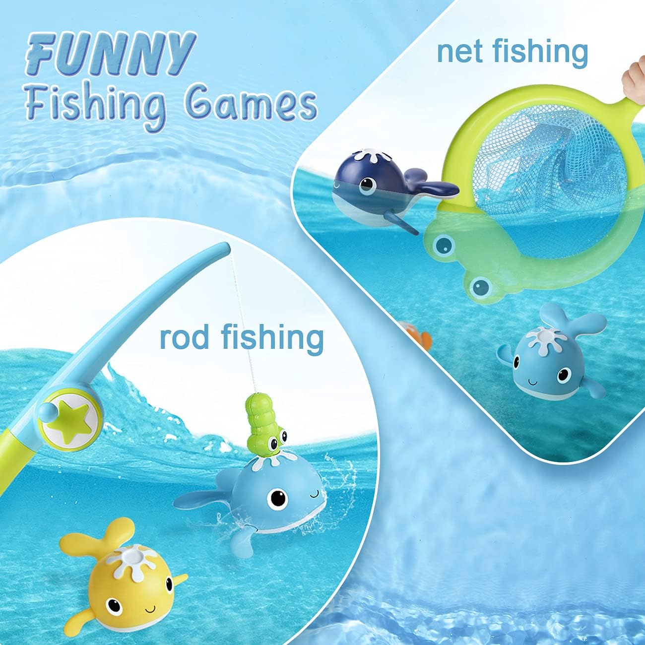 Bessentials Magnet Baby Bath Fishing Toys - Wind-up Swimming Whales Bathtub Toy Fishing Game, Water Tub Toys Set with Fishing Pole & Net for Toddler Kids 3 4 5 6 Years Old : Toys & Games