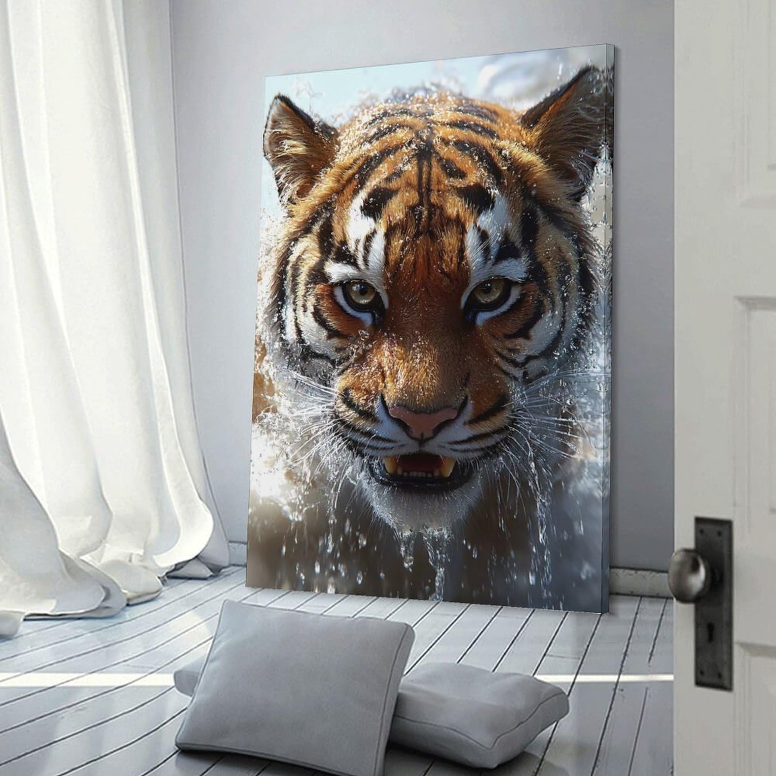 Tiger in Water Close-Up Canvas Wall Decor, 24x36inch(60x90cm), for Office, Study Or Home Workspace, Wall Art That Adds Style to Work Areas