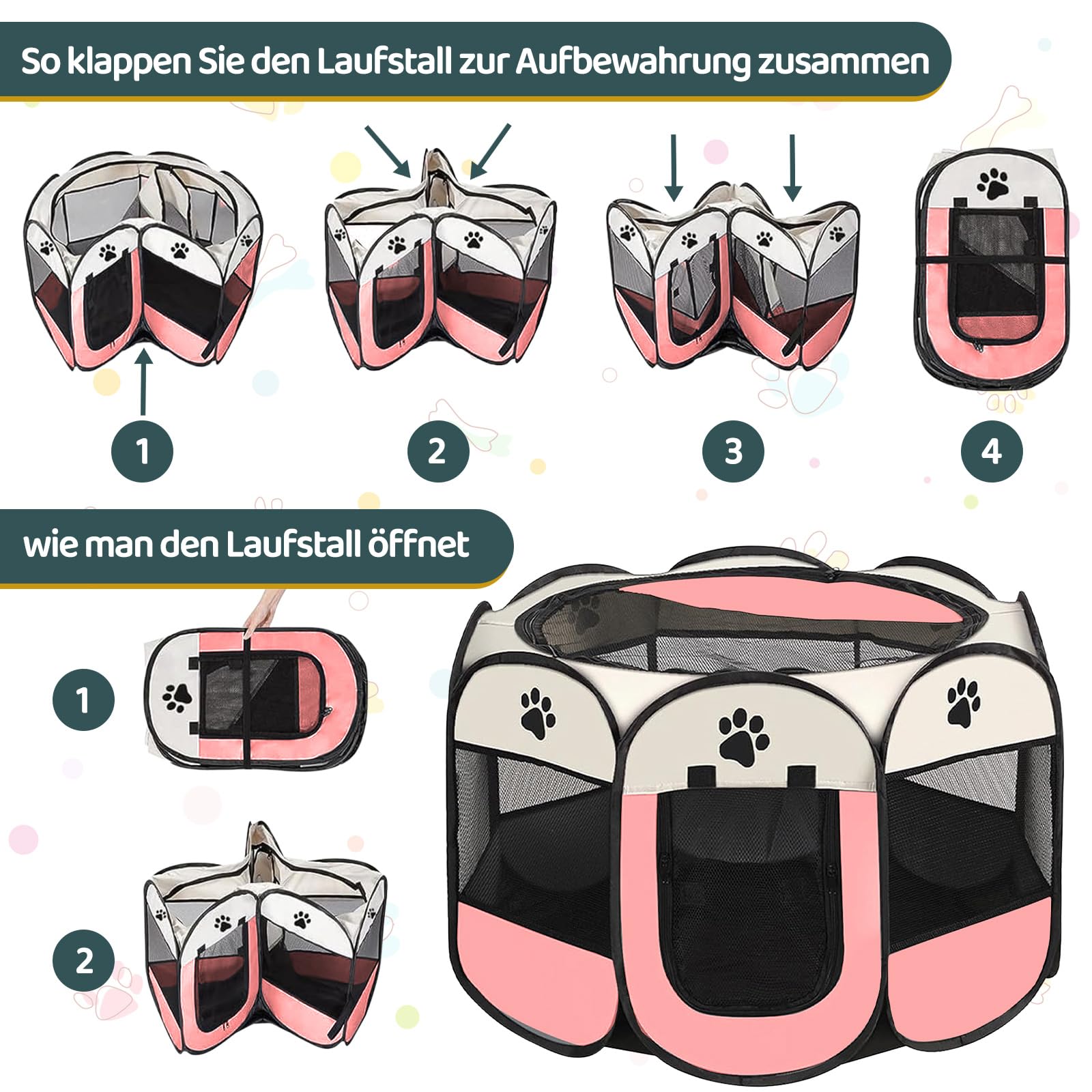 Welpenauslauf Faltbare Hundebox - 74x74x43cm Welpenlaufstall Faltbare hundezelt Katzengehege für Drinnen Outdoor Hundekäfig Kaninchen Laufstall Katze Hund Katzenzelt Kleintiergehege (Rosa)