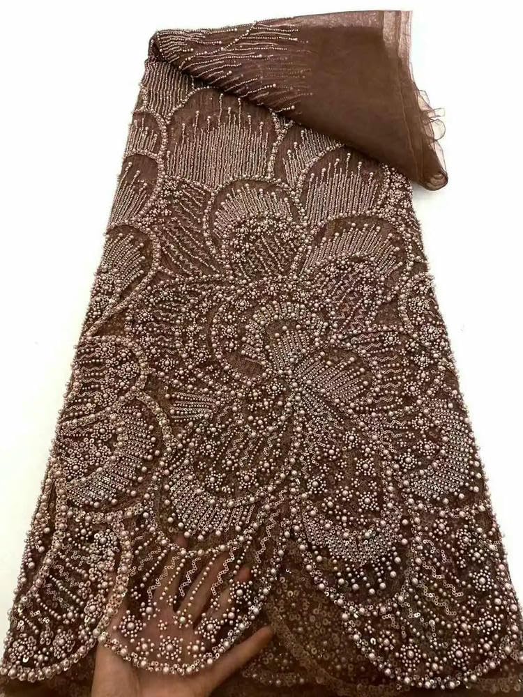 Tela de Tul Africano con Cuentas para Vestidos de Novia, Tela de Encaje con Lentejuelas, Moda Francesa