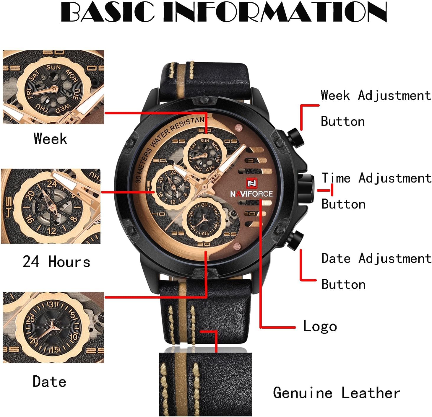 NAVIFORCE Orologio sportivo militare da uomo, impermeabile, analogico, al quarzo, cinturino in pelle, con data e calendario