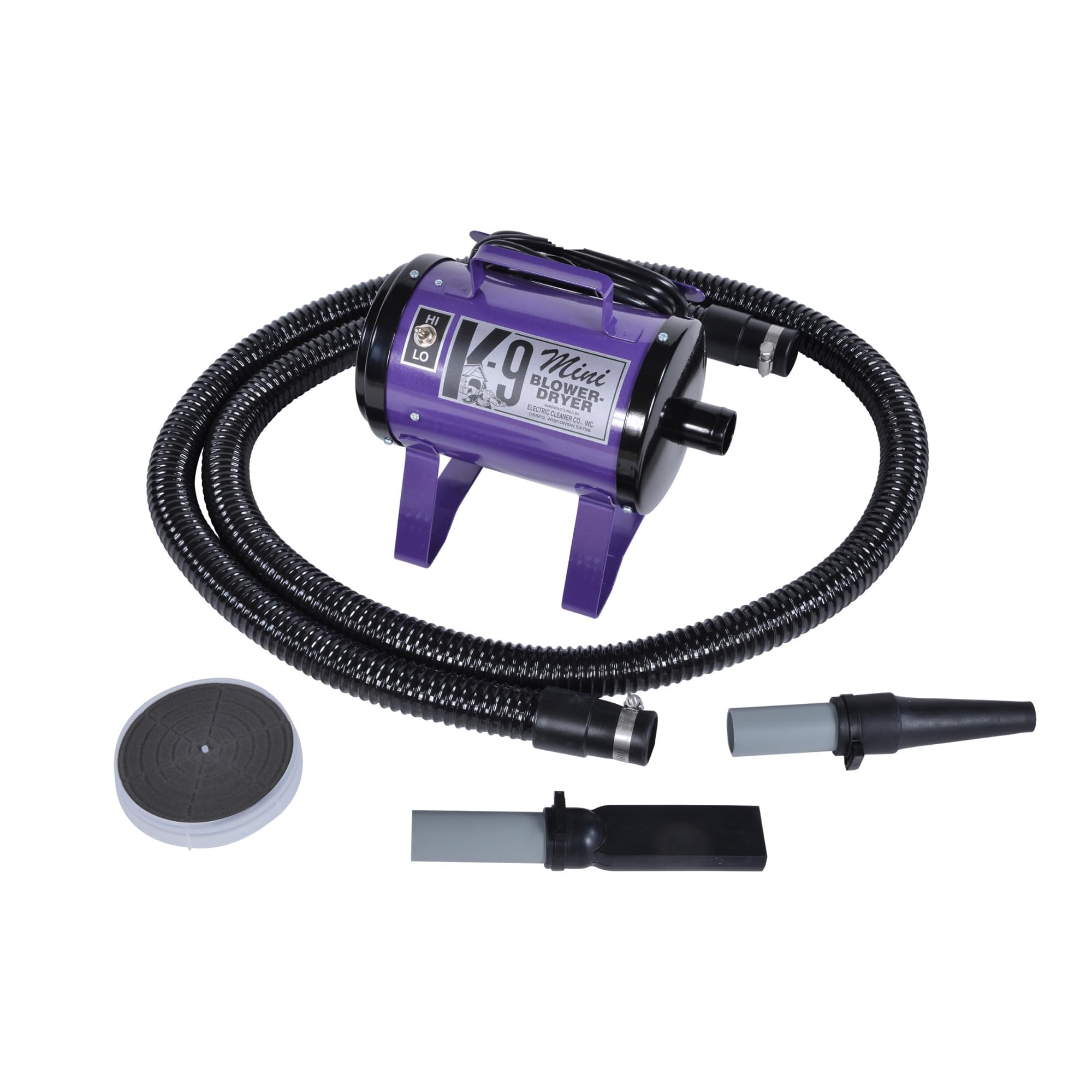 ECC Mini K-9 High-Velocity Dog Dryer – Portable Pet Blow Dryer with 2 Speeds, 10' Hose & Tips, Metallic Purple