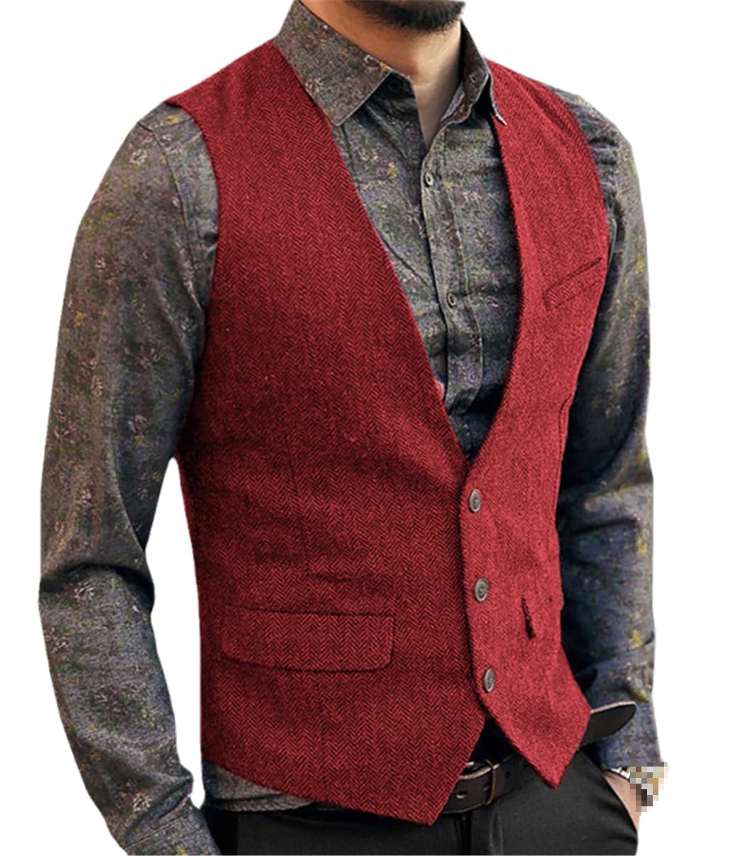 Dvbfufv Herren Anzugweste Wolle Tweed Weste Jacke Slim Business Groomman Hochzeitswesten Frühling Red S