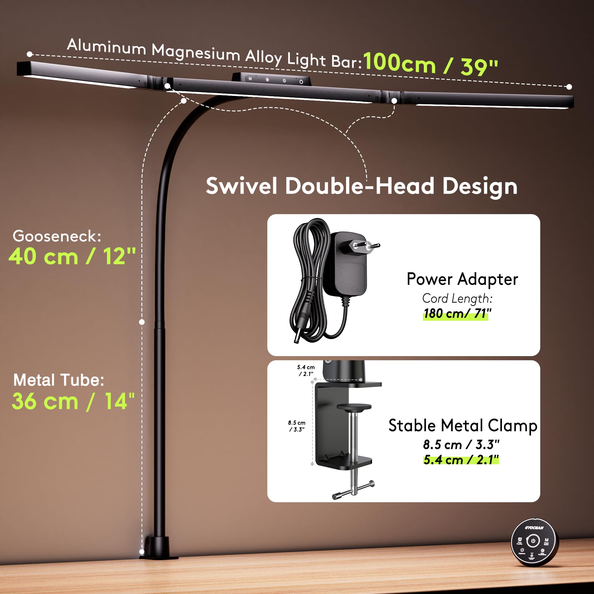 EYOCEAN Schreibtischlampe, Schreibtischlampe mit 3 Lichtquellen, 24W 100cm Tageslichtlampe Schreibtisch mit Fernbedienung, Dimmbare Monitor Lampe, Schwanenhals Büro Tischlampe