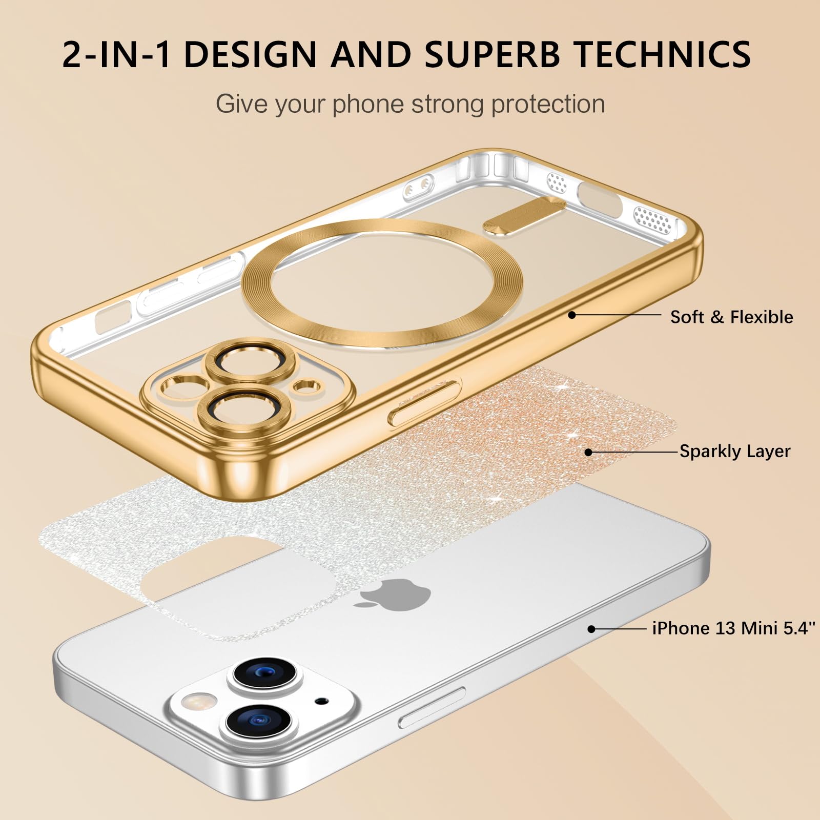 GUAGUA MagSafe Hülle Für IPhone 13 Mini – Glitzer Case Mit Magnet, Stoßfest & Kratzfest In Gold