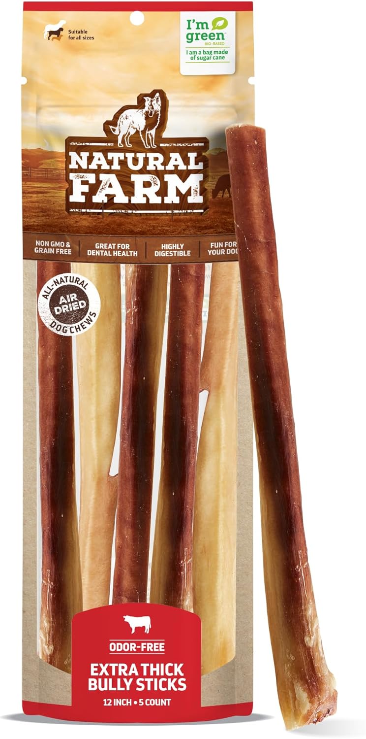 Natural Farm Odor Free Jumbo Bully Sticks (12 Inch, 5 Pack), Extra-Thick Chews for Dogs, Fully Digestible 100% Beef Treats, Supports Dental Health, Keep Your Dog Busy with 50% Longer Lasting Chews...