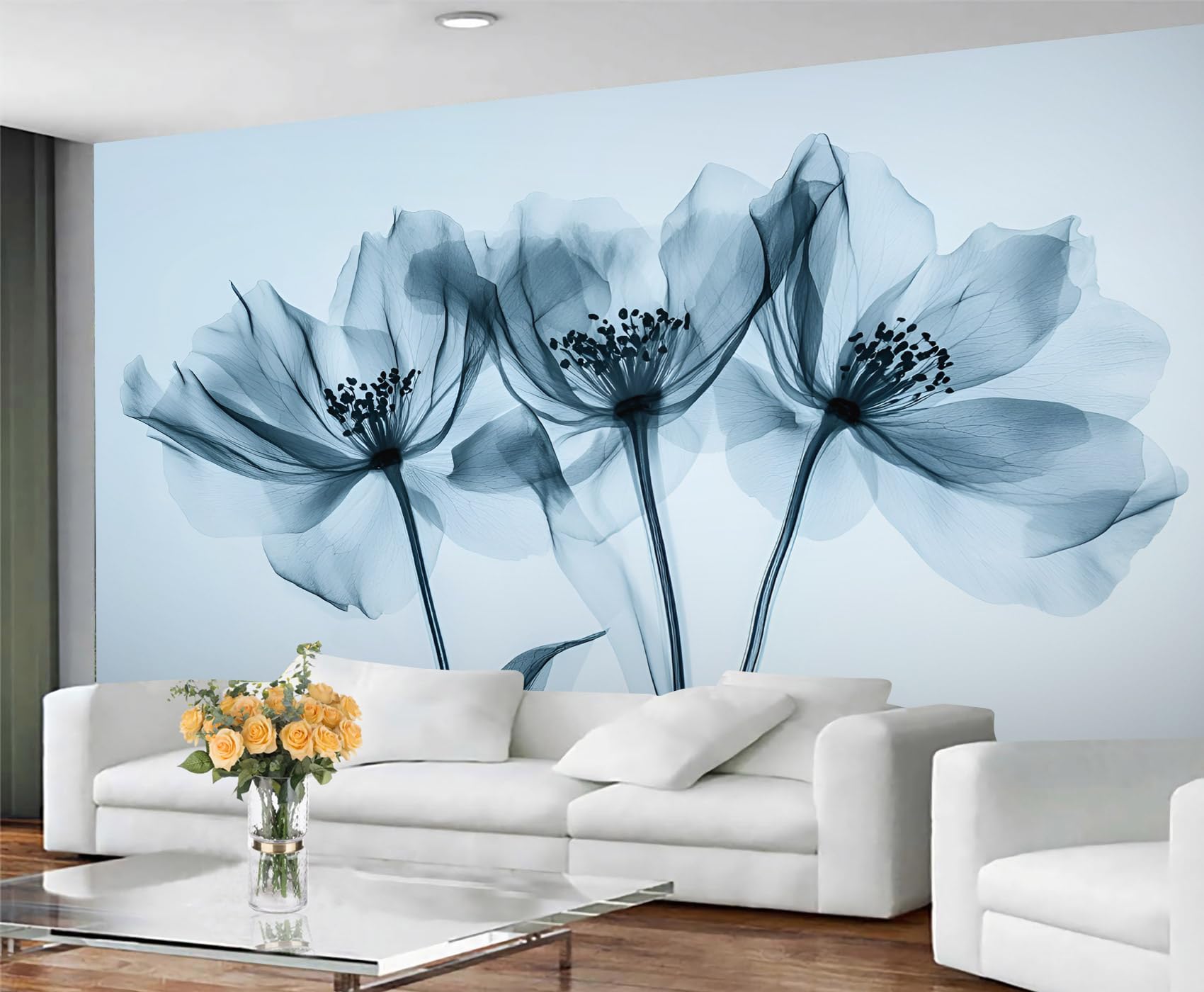 GIVLWF Poppies Bedroom Wallpaper - X-Ray Flowers Wallpaper & Home Decor - Watercolor Blue Wall Murals for Living Room Non Self Adhesive Calm Minimalist Wall Paper & Mural