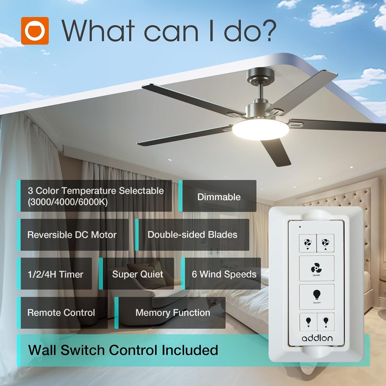 addlon Ceiling Fans with Lights, 60 inch Black Ceiling fan with Light and Remote Control, Reversible, 3CCT, Dimmable, Noiseless, Ceiling Fan for Bedroom, Farmhouse, living room, Indoor/Outdoor Use