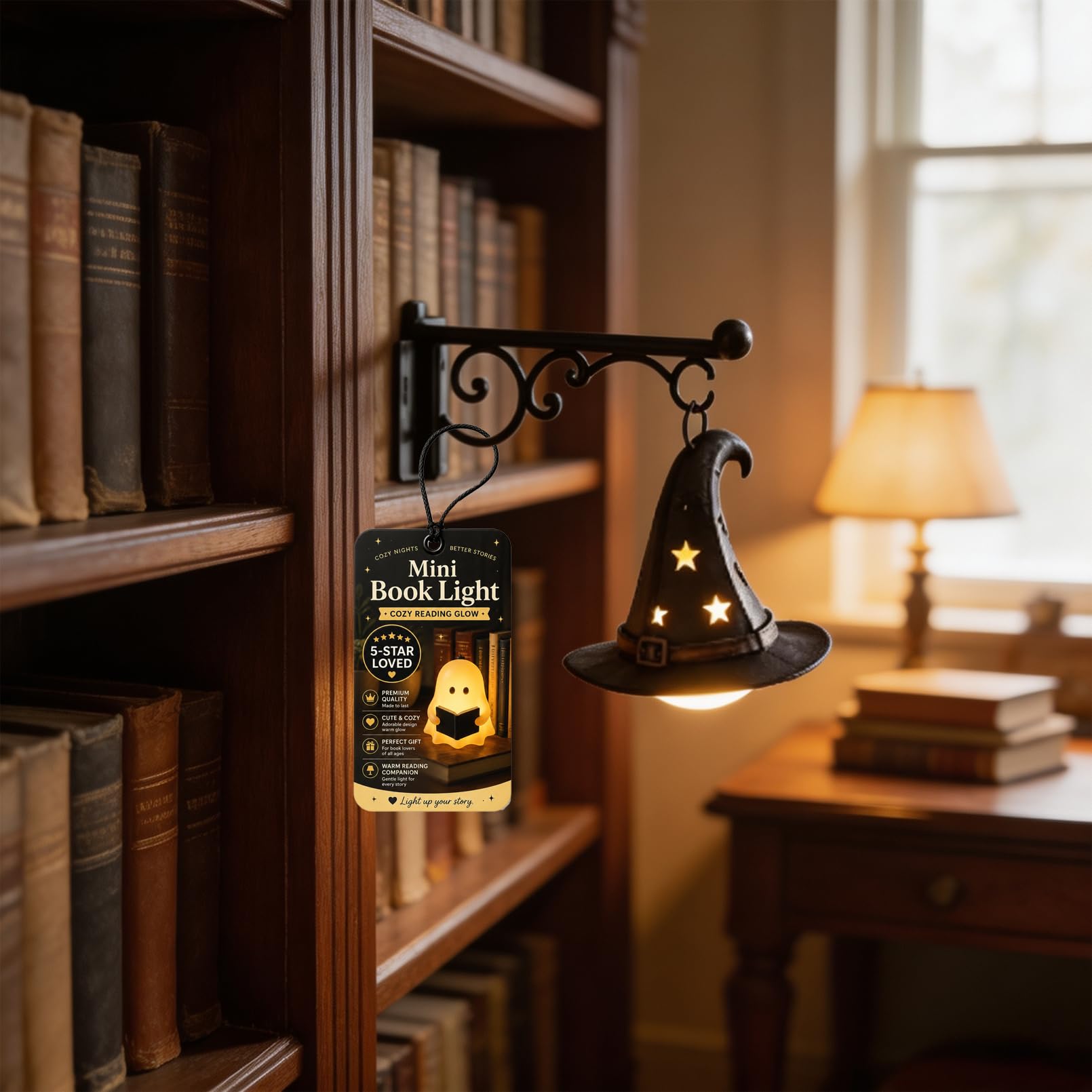 Ten Treasure Bookshelf Lamp, Library Lantern-Decorative Bookshelf Lighting, Vintage LED Book Nook Light Lantern for Study, Reading Corne (#C,2)