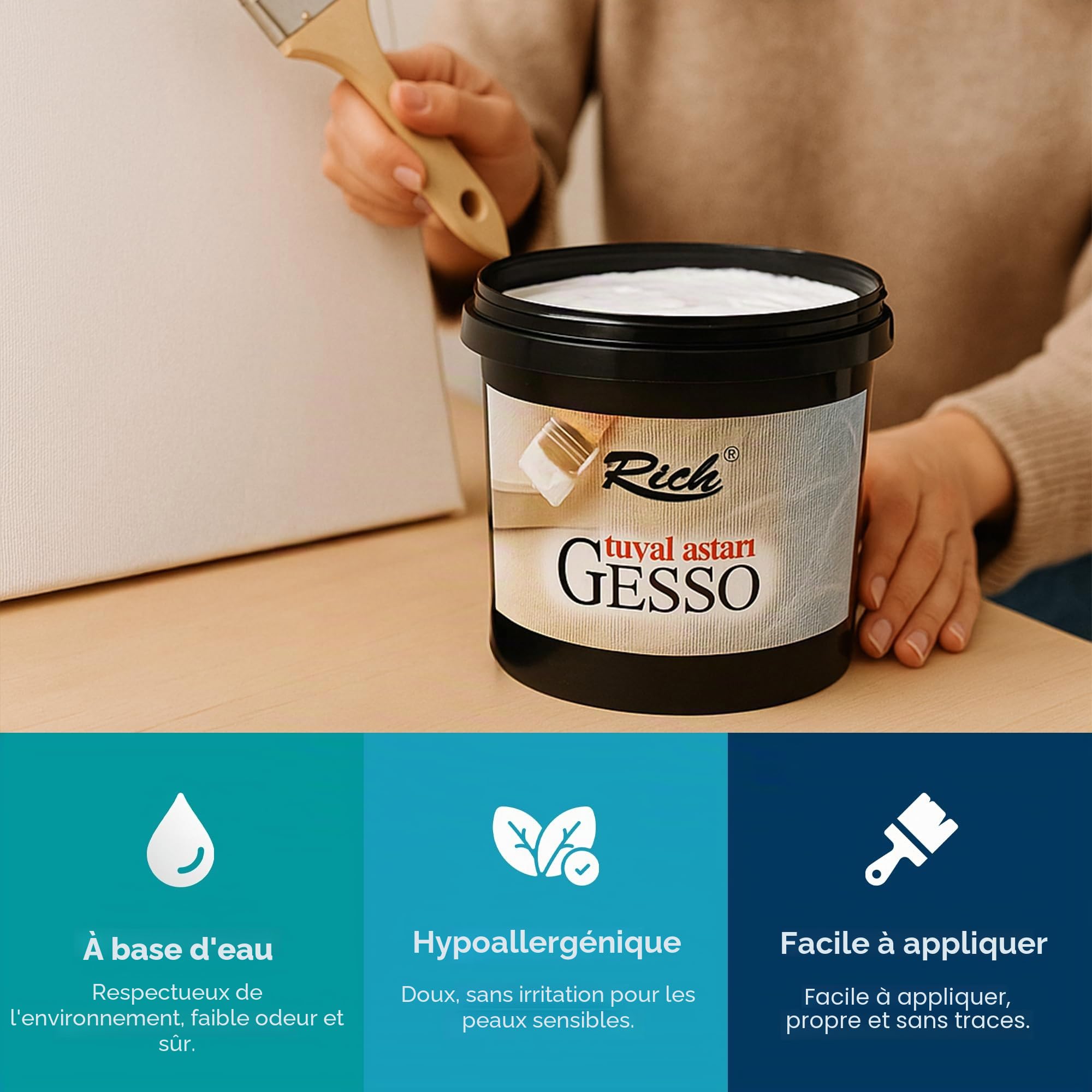 Rich Gesso Apprêt 1000 g - À base d'eau - Hautement pigmentée - Pour peintures à l'huile et acryliques - Utilisation polyvalente sur bois, tissu et papier