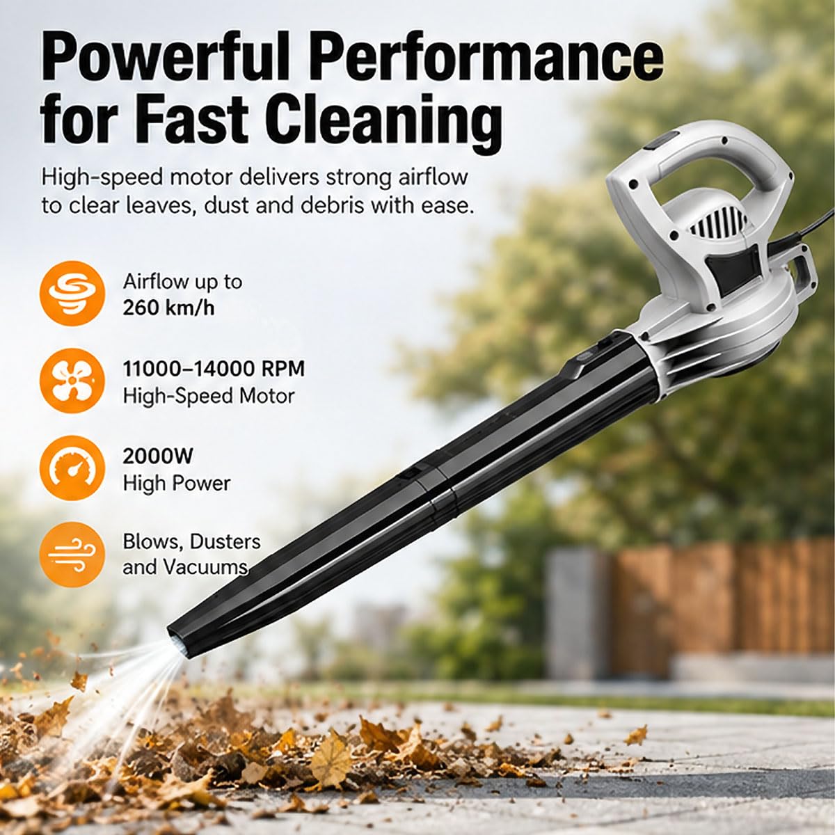 Souffleur de Feuilles électrique 2000W, aspirateur de Jardin 260 km/h