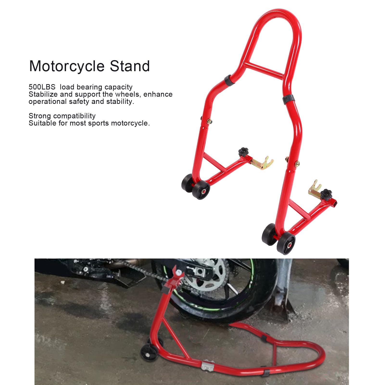 Podnośnik do Motocykla Wysoka Nośność 500lbs Silna Kompatybilność Stojak Serwisowy z Kołkami na Wahacz z Wzmocnioną i Wysokowytrzymałą Konstrukcją Stalową Odporny Korozję