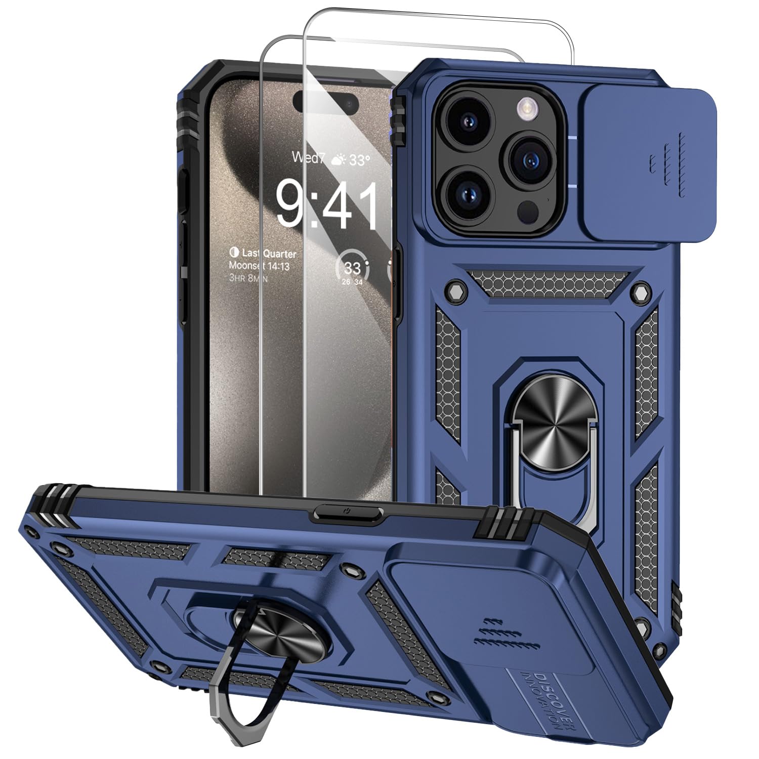T Tersely case for 15 Pro Max (6.7 inch) with Camera Cover, Stand Kickstand Ring, and [2 PACK] Tempered Glass Screen Protector - Military Grade Shockproof Protective Cover (Blue)