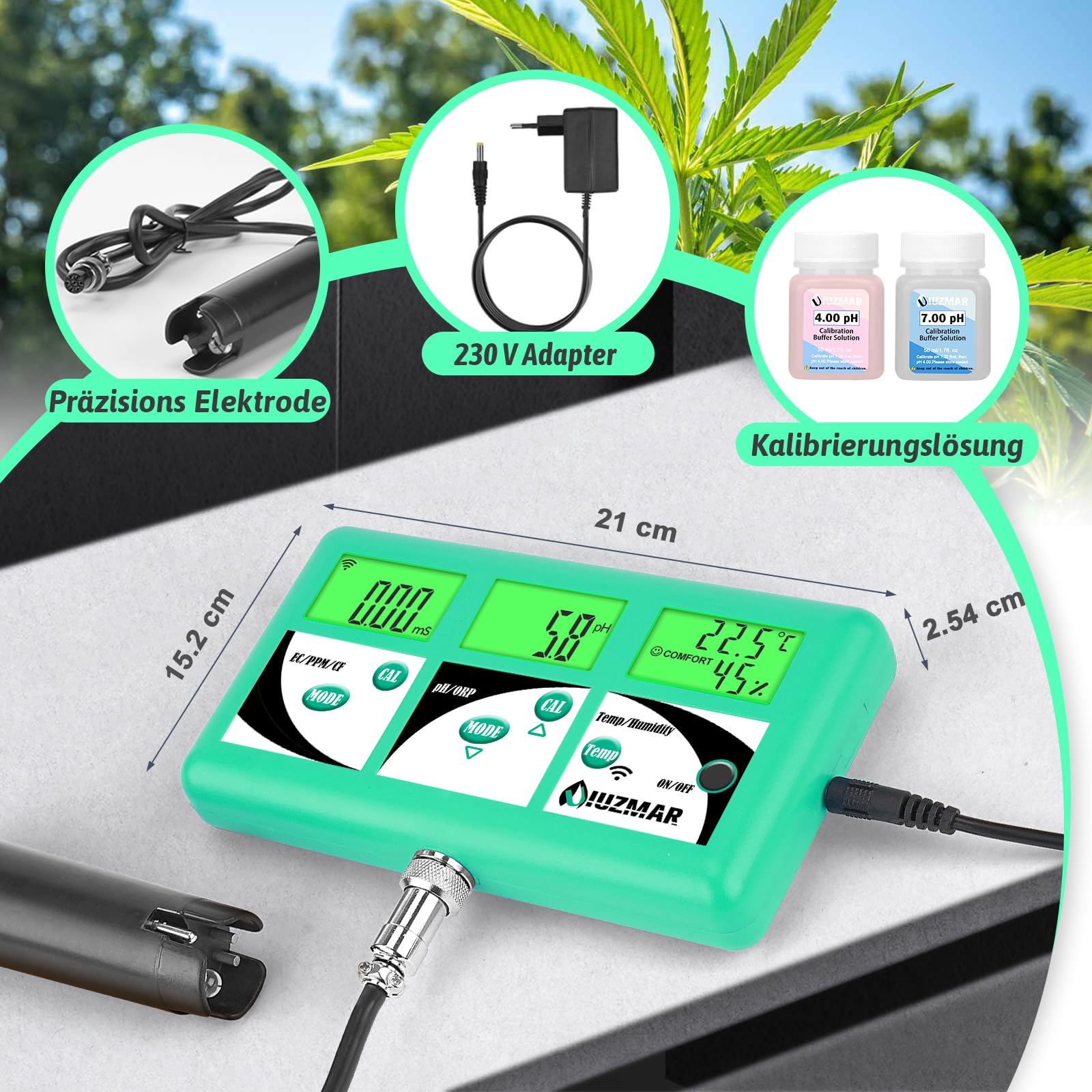 UIUZMAR pH EC TDS Messgerät für Hydrokultur, 7 in 1 pH EC PPM 500 PPM 700 CF Temperatur Luftfeuchte Monitor für Aeroponik, Kontrolle des Leitfähigkeits pH Werts der Hydrokultur Nährlösung