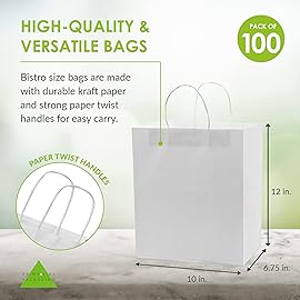 Prime Line Packaging White Paper Bags, Kraft Gift Bags with Handles for Small Business, Shopping, Take-out Goodie, Bistro, Boutique, Bulk, 10x6.75x12, 100 Pack