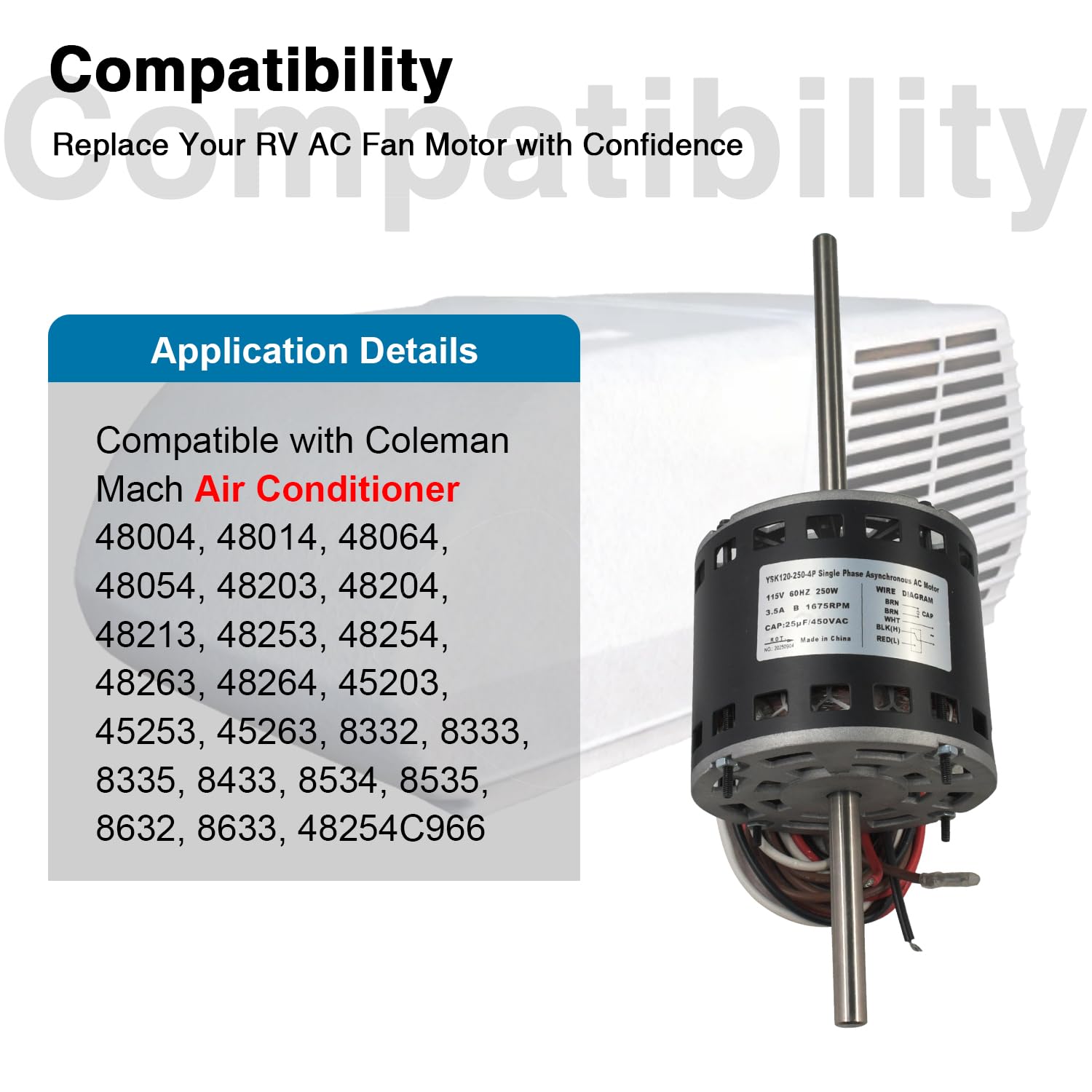 RV AC Fan Motor Compatible with Fasco D1092, Coleman Mach 1468-3069, 7184-0156, 7184-0432 Replaces Y6L457D01L, 7855MVA-A11U RV Air Conditioner Motor 1/3HP, 250W, 115V, 1675 RPM
