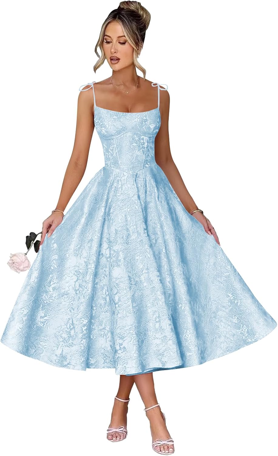 Jacquard Prom Dresses 2026 Satin Spaghetti Straps Square Neck A-line Formal Dress