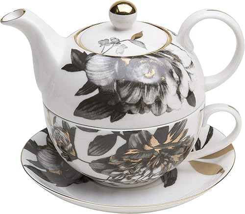 Miniatura 1 de Grace Teaware Té de porcelana de 4 piezas para uno (peonía de oro negro)