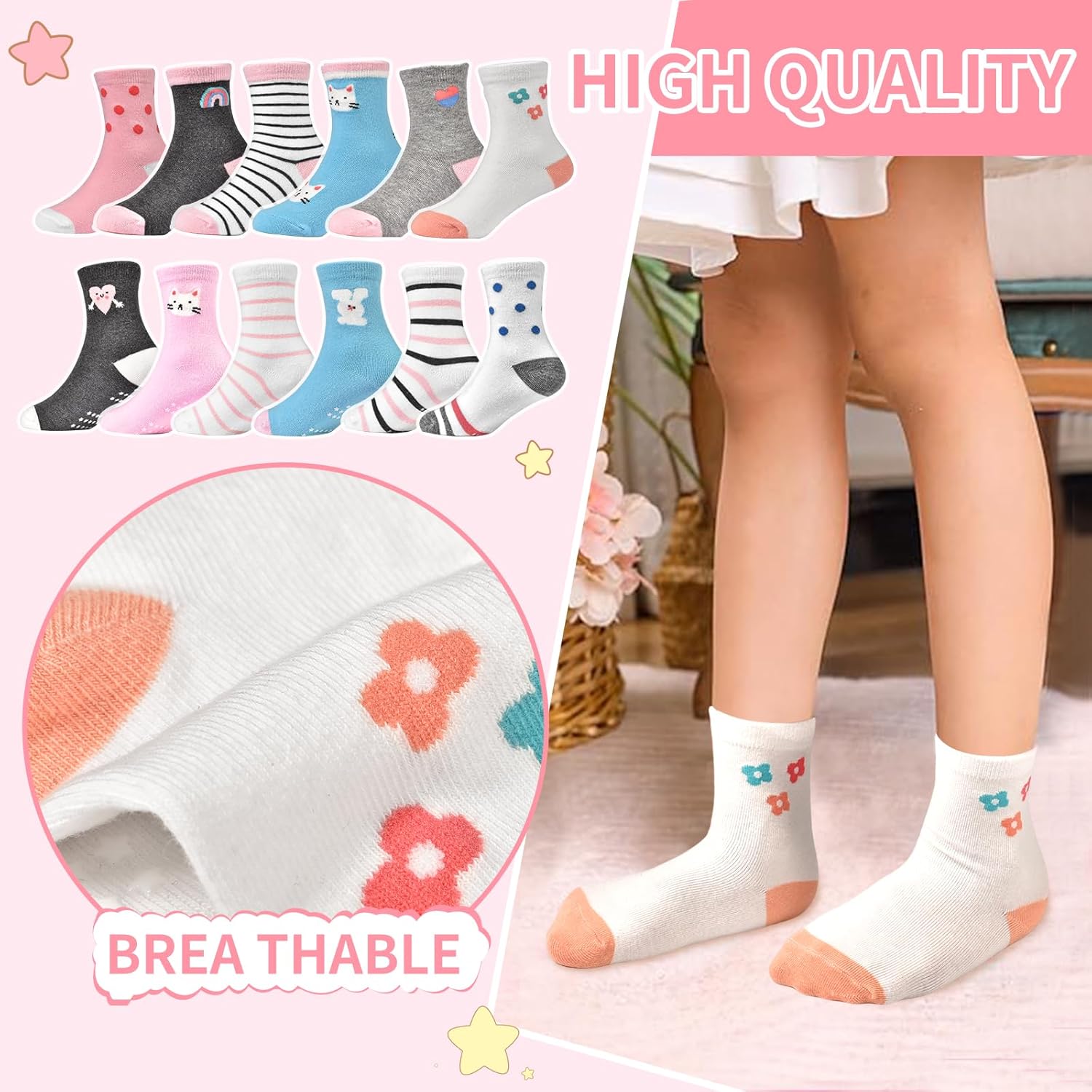 ELUTONG Toddler Grip Socks 12 Pack Non Slip Grips Crew Socks for 1-7 Years Infant Baby Boys Girls Kids - Image 2