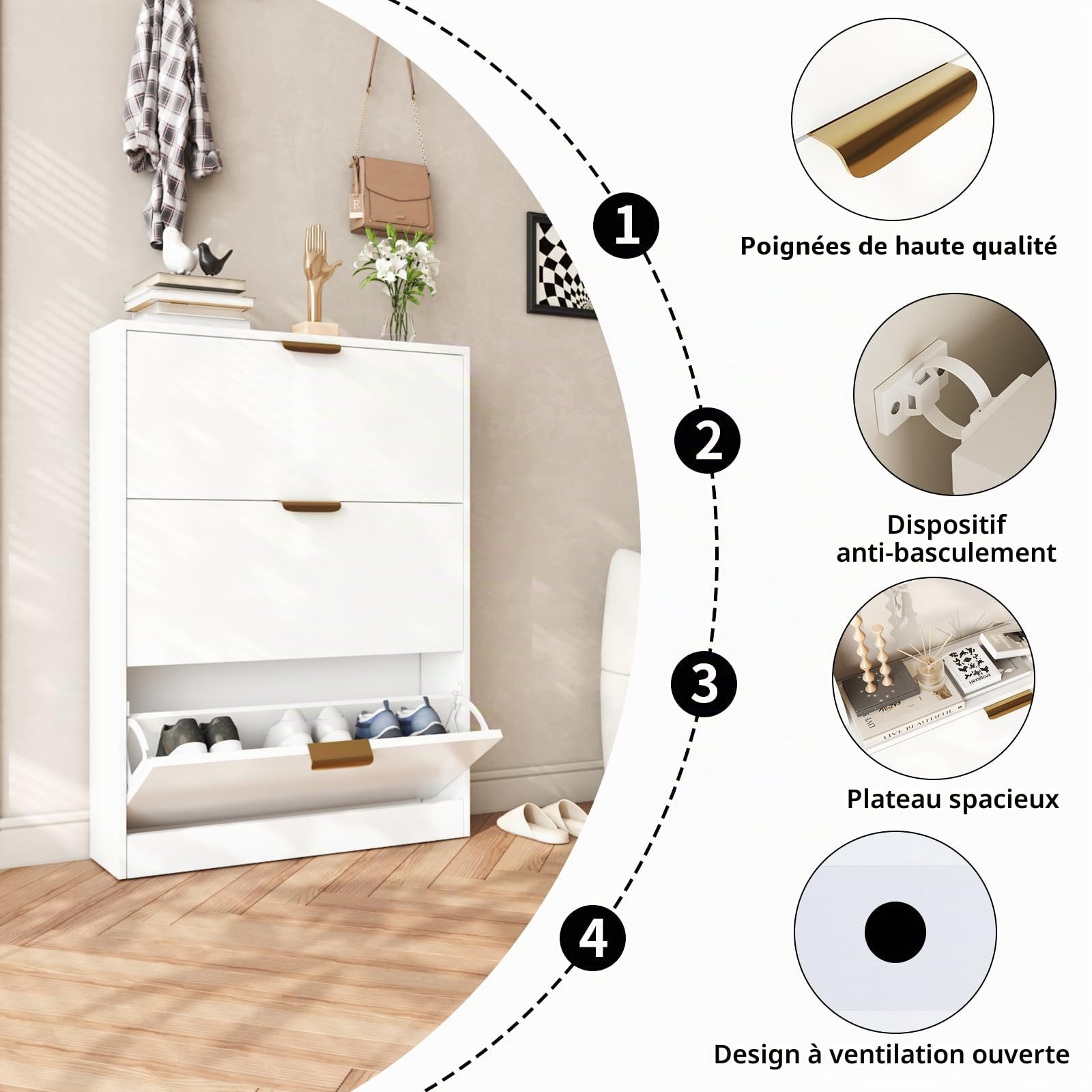 VOWNER Meuble Chaussures, Meuble de Rangement à Chaussures Armoire, Commode à Chaussures, Meuble d'entrée Rangement pour Chaussures, 80 x 17 x 107 cm