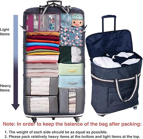 Miniatura 6 de ELDA Maleta plegable expandible para hombres y mujeres, maletas de viaje con ruedas giratorias, equipaje de gran capacidad con carrito, Azul