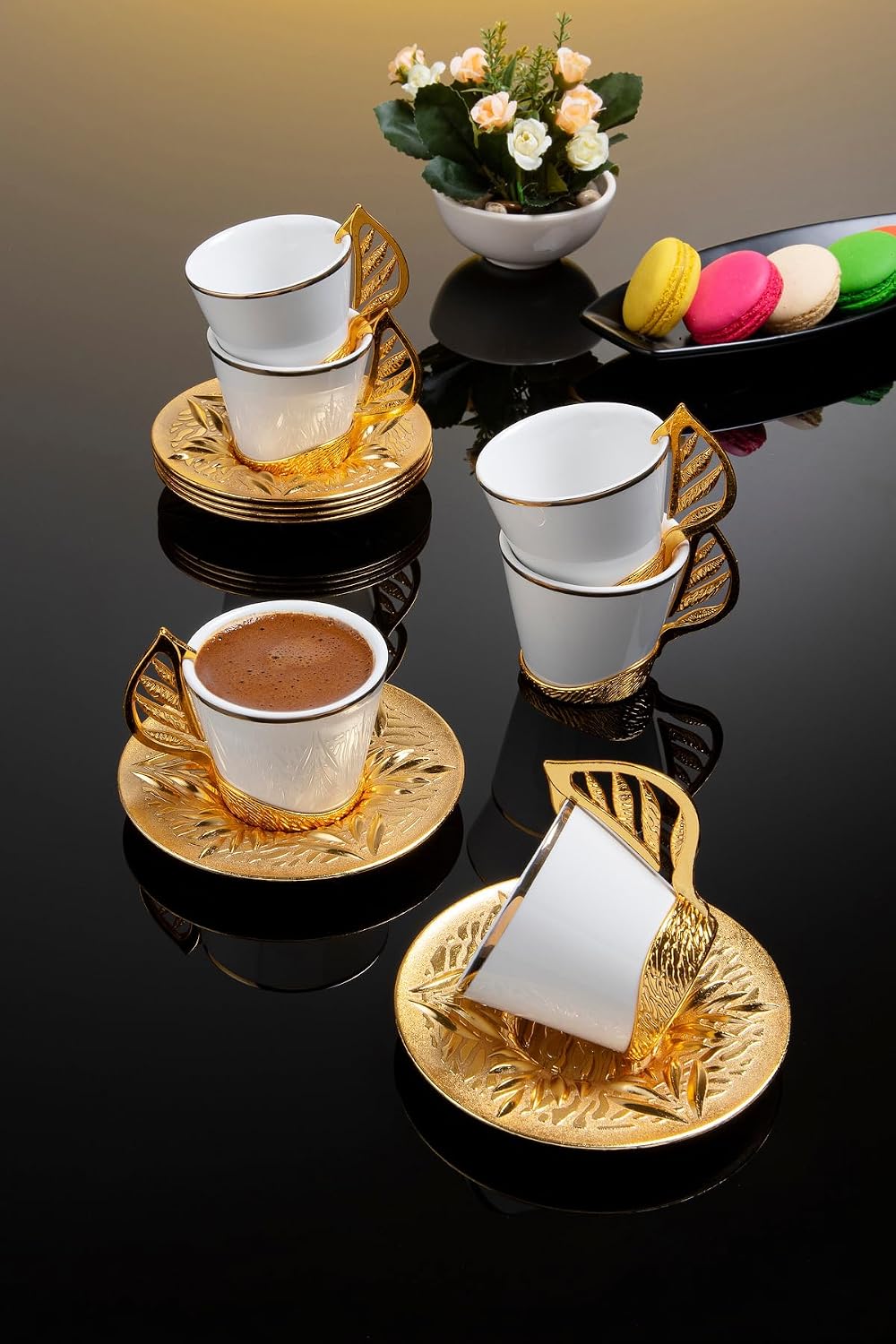 SODEF Coffee Set 6 Person Gilded Porcelain 18 Piece Modern Design, Gold Finish, 3 fl oz Cups, Turkish Made - Gold, One Size