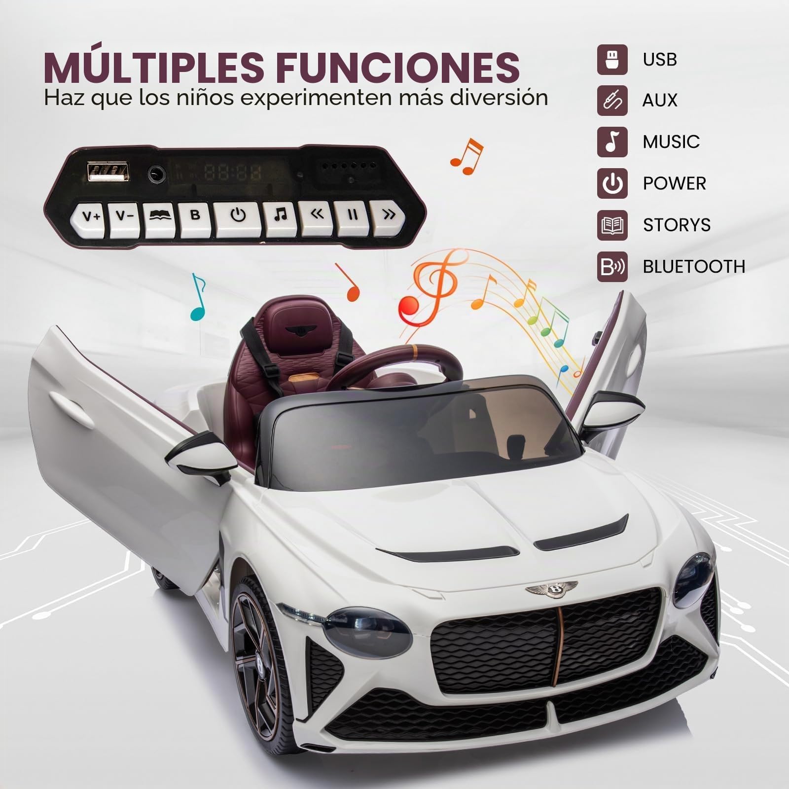 Garvee Coche Eléctrico Infantil Lujo Bacalar 12v – Licencia Oficial, Mando Parental, Puertas Tijera, Suspensión, 3 Velocidades, Luces LED, Música, Claxon – Vehículo Infantil Seguro – Color Blanco