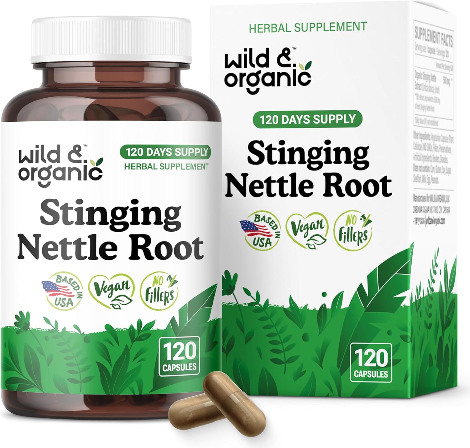 Wild & Organic Stinging Nettle Root Capsules - Stinging Nettle Root Extract - Supplement for Men and Women - 180 Vegan Capsules - 180 Days Supply - Non-GMO, Gluten-Free, No Fillers