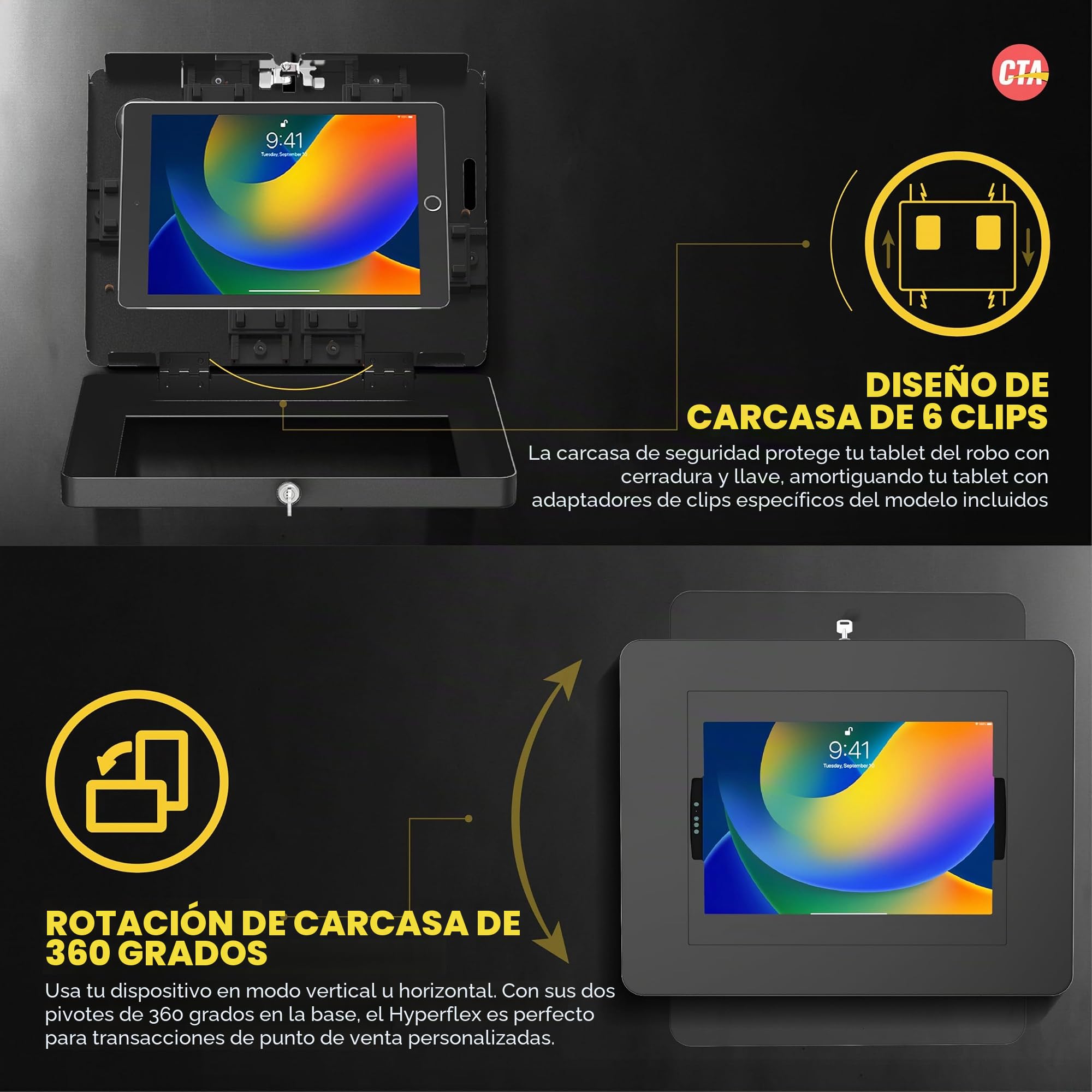 CTA - Soporte de Pared con Bloqueo para iPad, Carcasa Grande antirrobo para Tablet con Cerradura y enrutamiento Interior de Cables para iPad Pro de 13” (M4), iPad Pro de 12,9”, iPad Air de 13” M3/M2