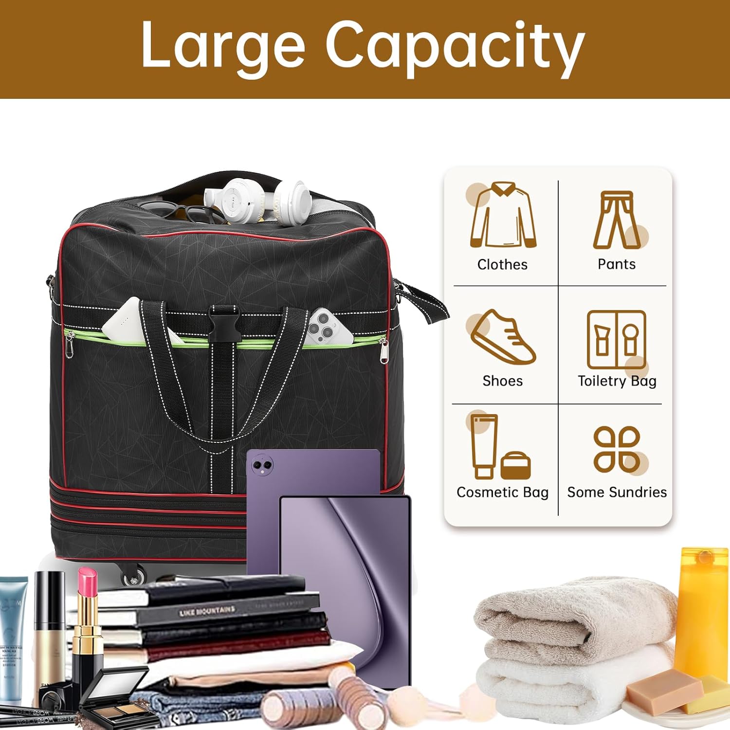 Foldable Duffel Bag,Large Expandable Rolling Travel Duffle Bag with Wheels Waterproof Collapsible Luggage Carry on Duffel Bag with Wheels and Handle, Black - Image 2