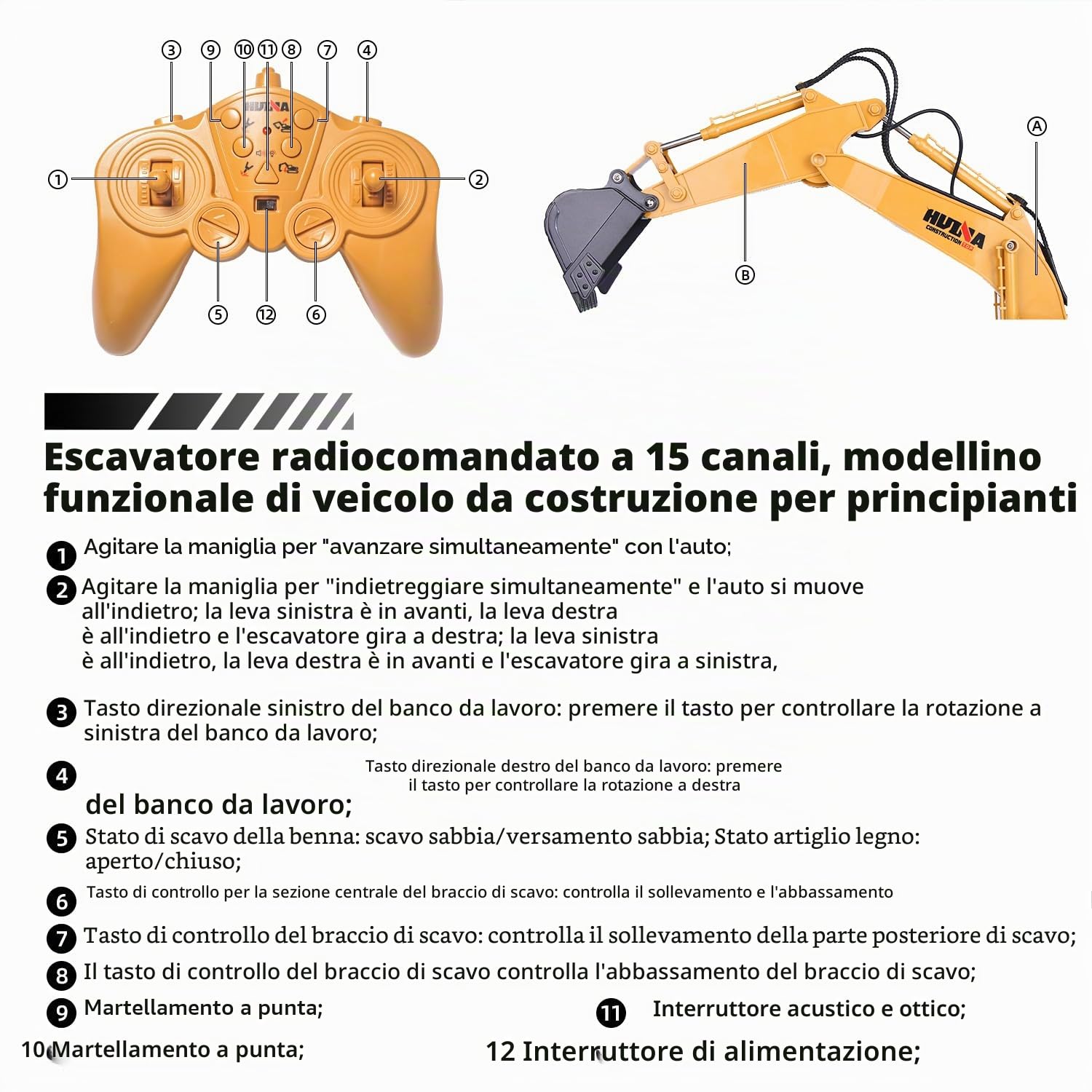 Escavatore telecomandato telecomandato, 1:14 Rc Escavatore in metallo telecomandato da 6 8 10 anni, escavatore cingolato 3 in 1 con telecomando con batteria e caricatore, compleanno