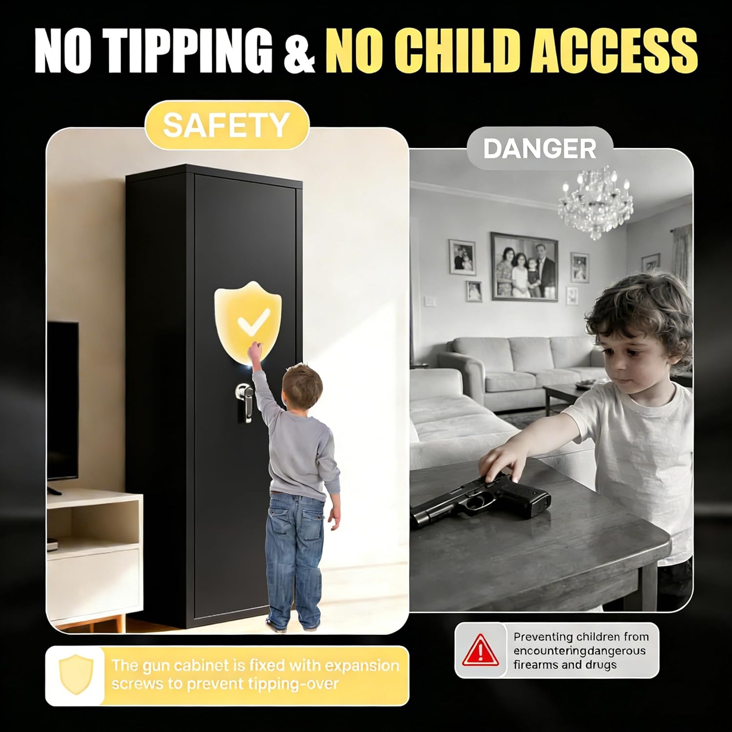 Long Gun Safe, Home Safes for Rifles and Pistols, Fully Assembled Biometric Gun Safes for Handgun with Adjustable Shelves and Pockets, Gun Cabinet with Alarm Function, Gun Locker