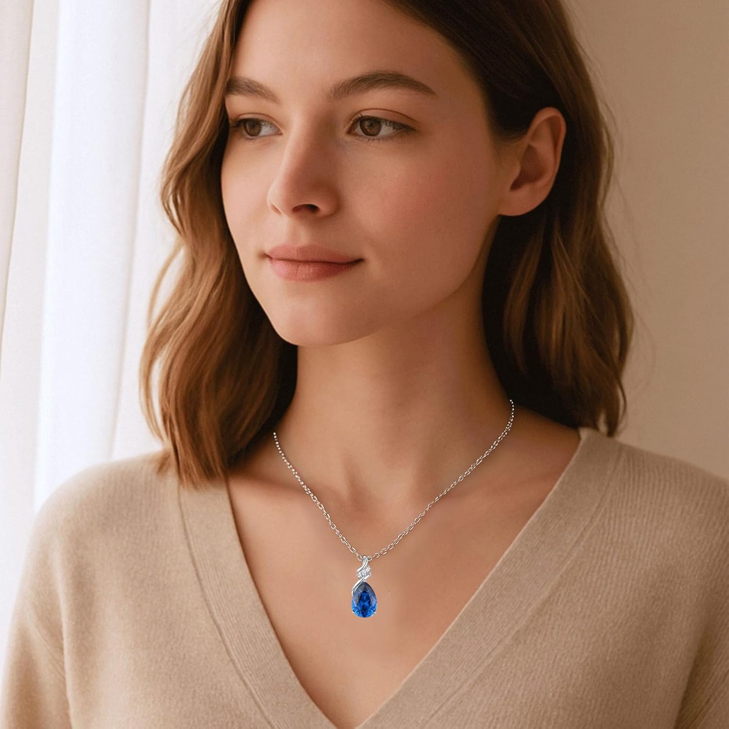 Birthstone Necklace for Women - S925 Sterling Silver Teardrop with Cubic Zirconia and Gemstones -Birthday Jewelry gift for her, Girlfriend, Wife, Mom on Birthday, Anniversary - Image 2