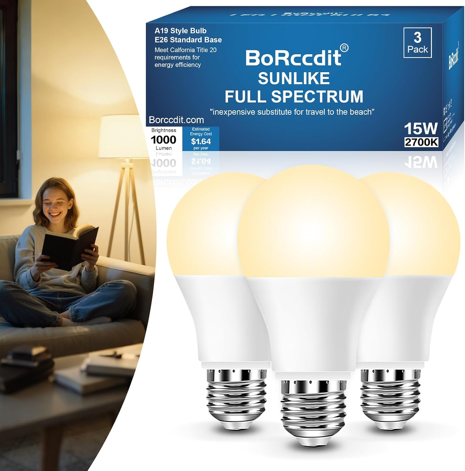 BoRccidt SunLike Full Spectrum Light Bulb 2700K Warm LED 15W=100W, Flicker-Free & UV-Free, 90+CRI & 30000H Lifespan, 3-Pack A19 E26/E27 Soft White Sunlight Light Bulbs for Humans, Home, Office, Plant