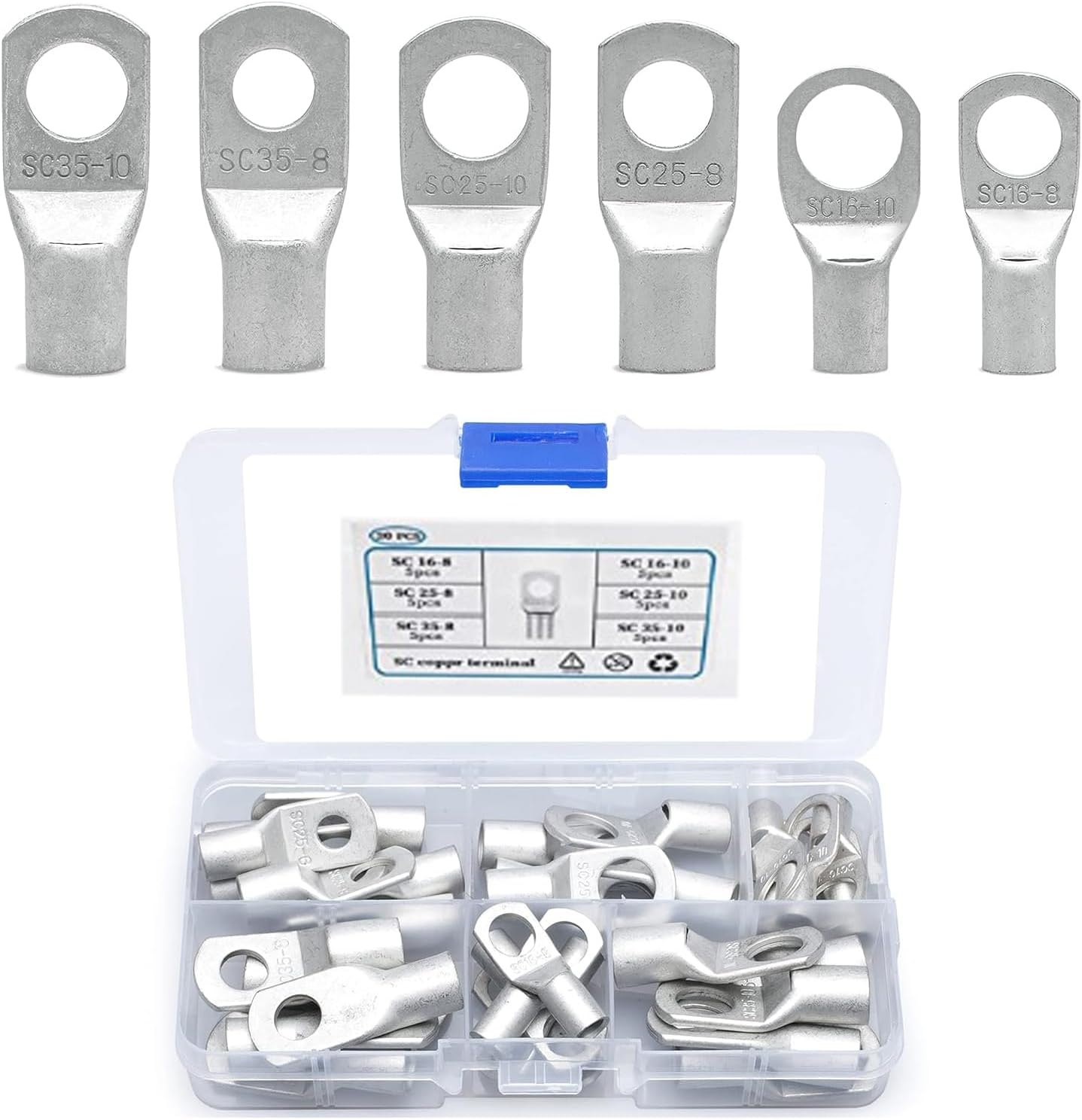 30 PCS Automotive Cable Ring Terminal Connector Set, Multi-Size Copper Contact Power Lug Terminals, Automotive Replacement Accessories, Products Suitable for Most Car Models (Silver)