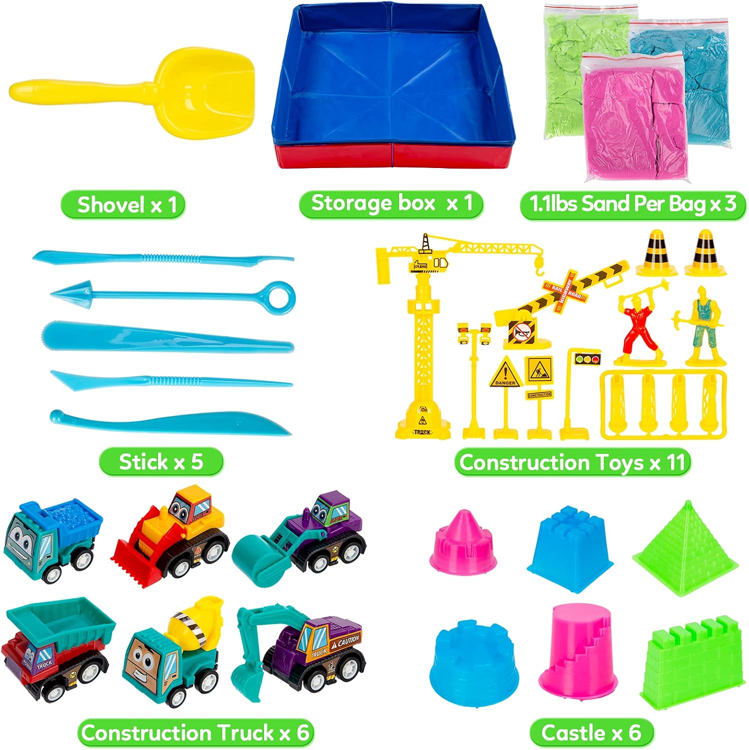 GarveeLife Kids Sand Kit, 43PCS Set w/Tools, 6 Construction Trucks & Castle Molds, Foldable Sand Box Storage Bin Tote, Toys for Boys Girls
