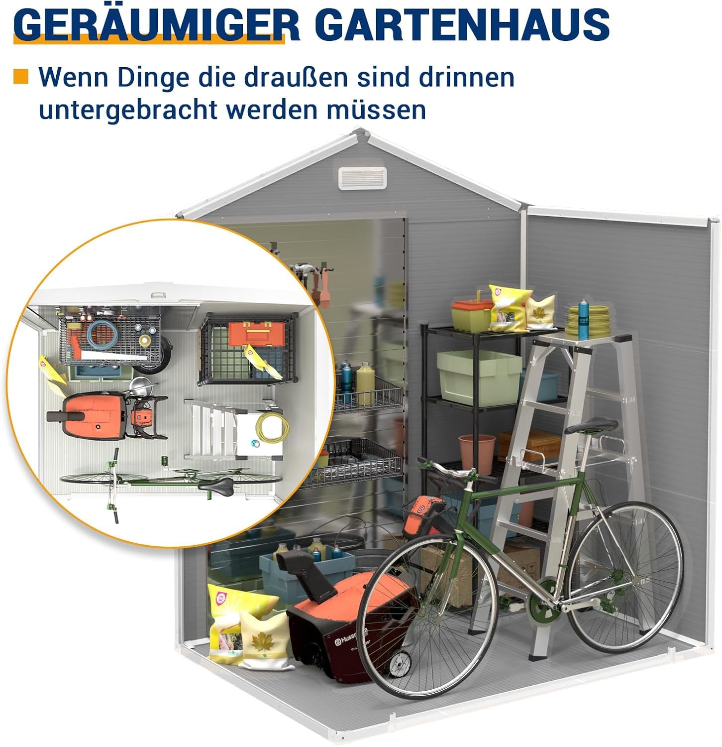 UDPATIO Abri de Jardin en Résine 12mm 184x135x210cm, 3.9 m³ - Cabane de Jardin Extérieur avec Toit Incliné Anti-Pluie, Porte Verrouillable pour Rangement Outils/Vélo (Gris)
