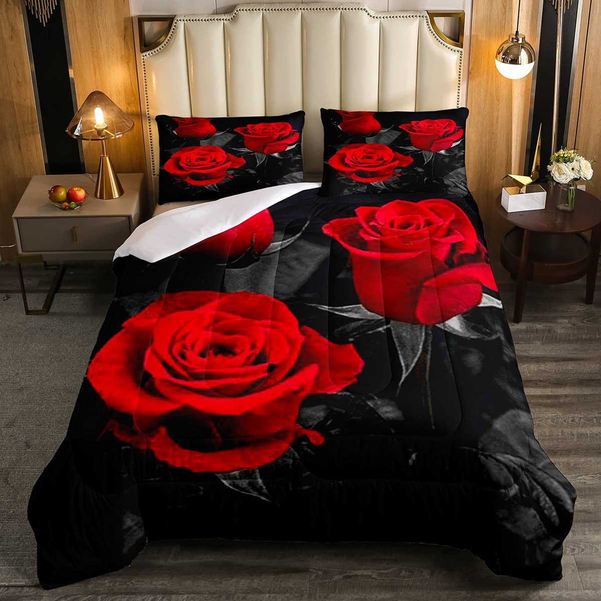 Rose Duvet for Boys Floral Print Theme Duvet Insert, Romantic Valentine Teens Kids Woman Adults Lovers Couples Red Rose Home Decor for All Season Duvet with 1 Pillowshams Single Size