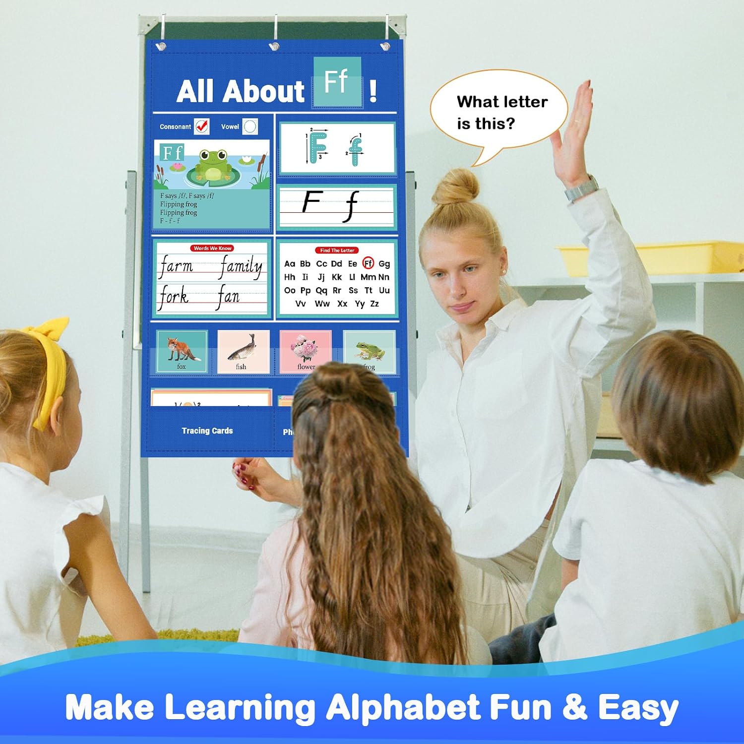 All About Letters Pocket Chart for Classroom, Alphabet Learning Wall Chart with ABC Flash Cards, 3 Over Door Hangers Included, for Homeschool Preschool Kindergarten 40" x 26", Blue