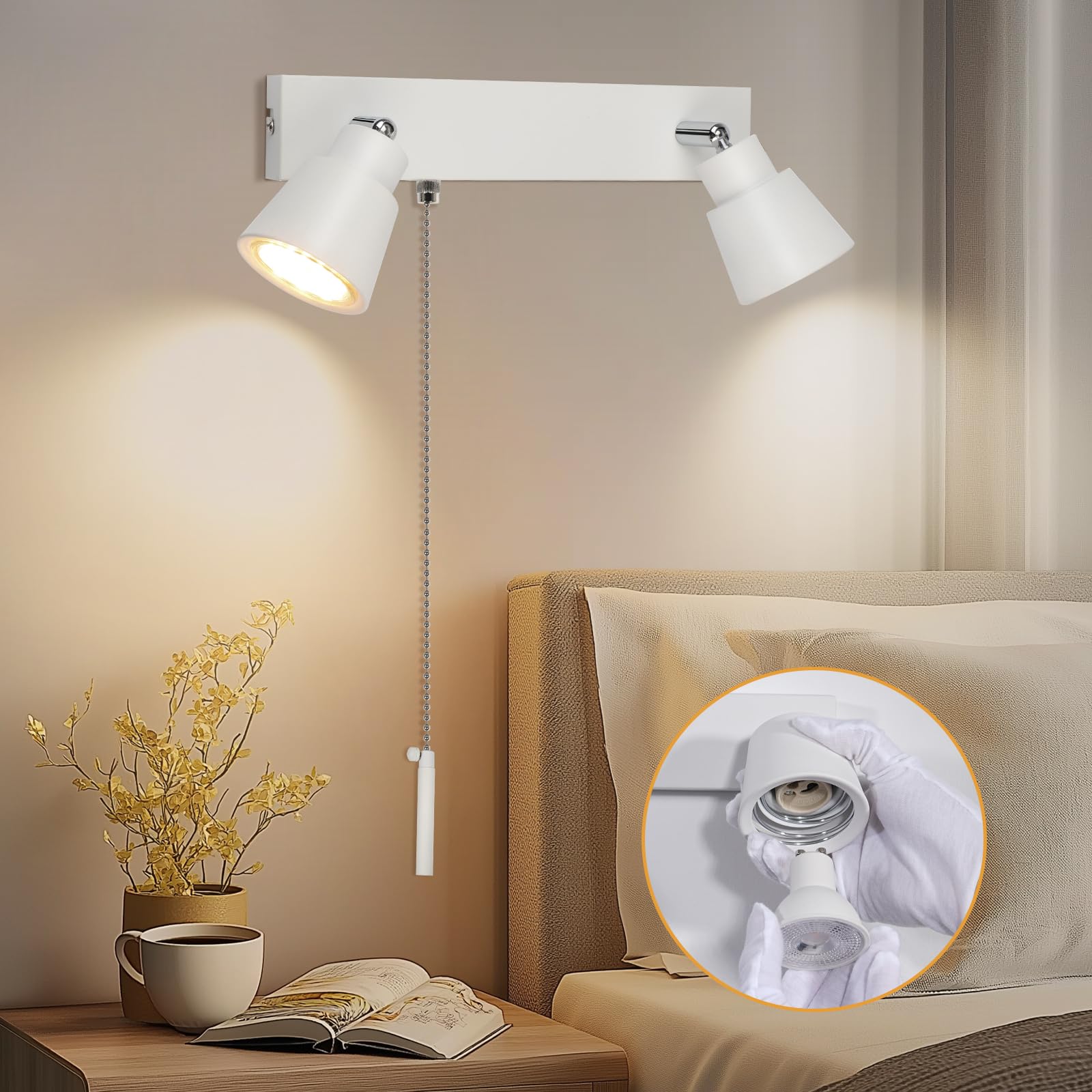 TaFiCo Weiß Wandlampe mit Zugschalter 2 Flammig GU10 - Modern Wandlampe Innen mit Schalter 350° Drehbar - 50 W Wandleuchte mit Schalter für Schlafzimmer Wohnzimmer Küche Korridor - Ohne Leuchtmittel