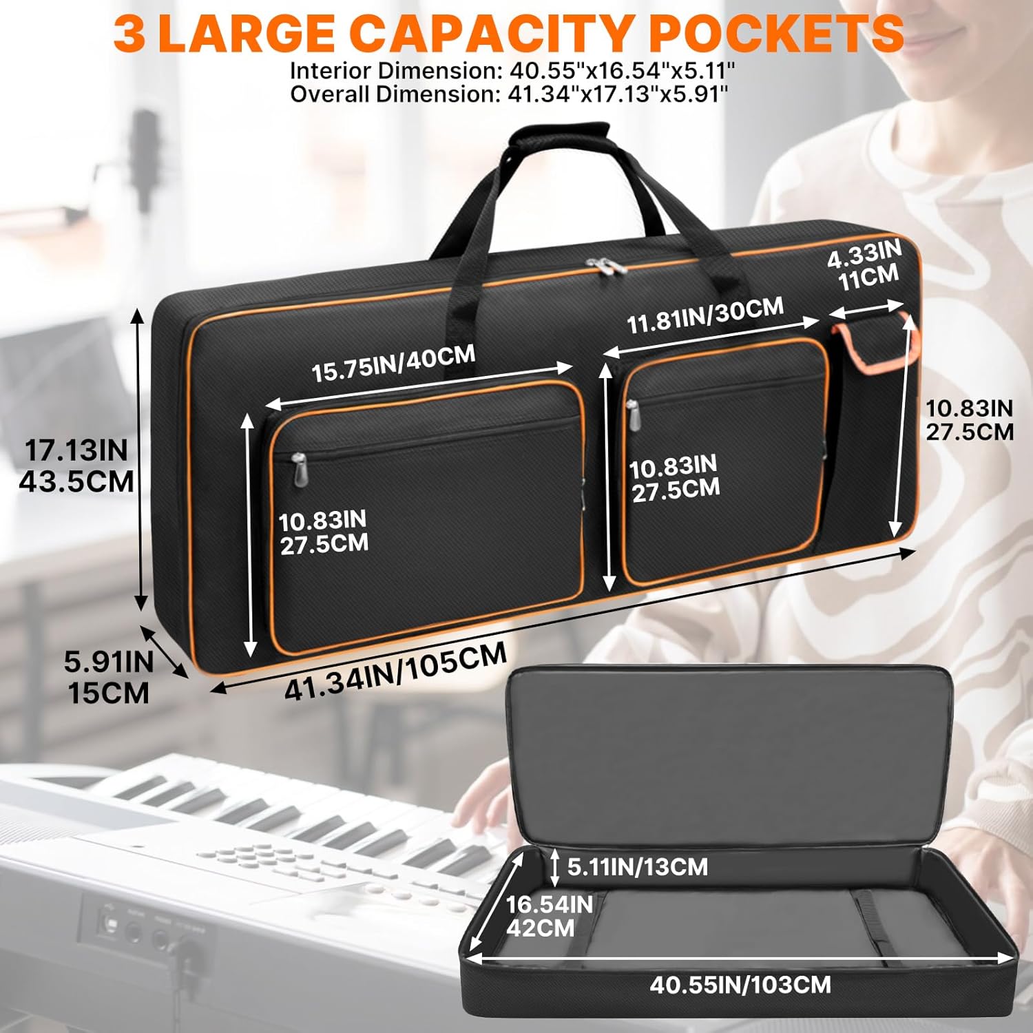 LIWSHWZ 61 Key Keyboard Case,10mm Pearl Cotton Full Padded Electric Piano Keyboard Gig Bag with Handles,Adjustable Shoulder Straps,40.5"X16.5"X5.1"Waterproof Piano Keyboard Bag with 5 Accessory Pocket 61 key,40.55"x16.54"x5.11"