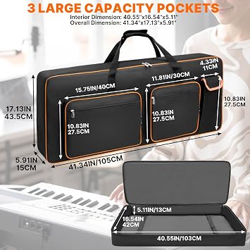 LIWSHWZ 61 Key Keyboard Case,10mm Pearl Cotton Full Padded Electric Piano Keyboard Gig Bag with Handles,Adjustable Shoulder Straps,40.5X16.5X5.1Waterproof Piano Keyboard Bag with 5 Accessory Pocket
