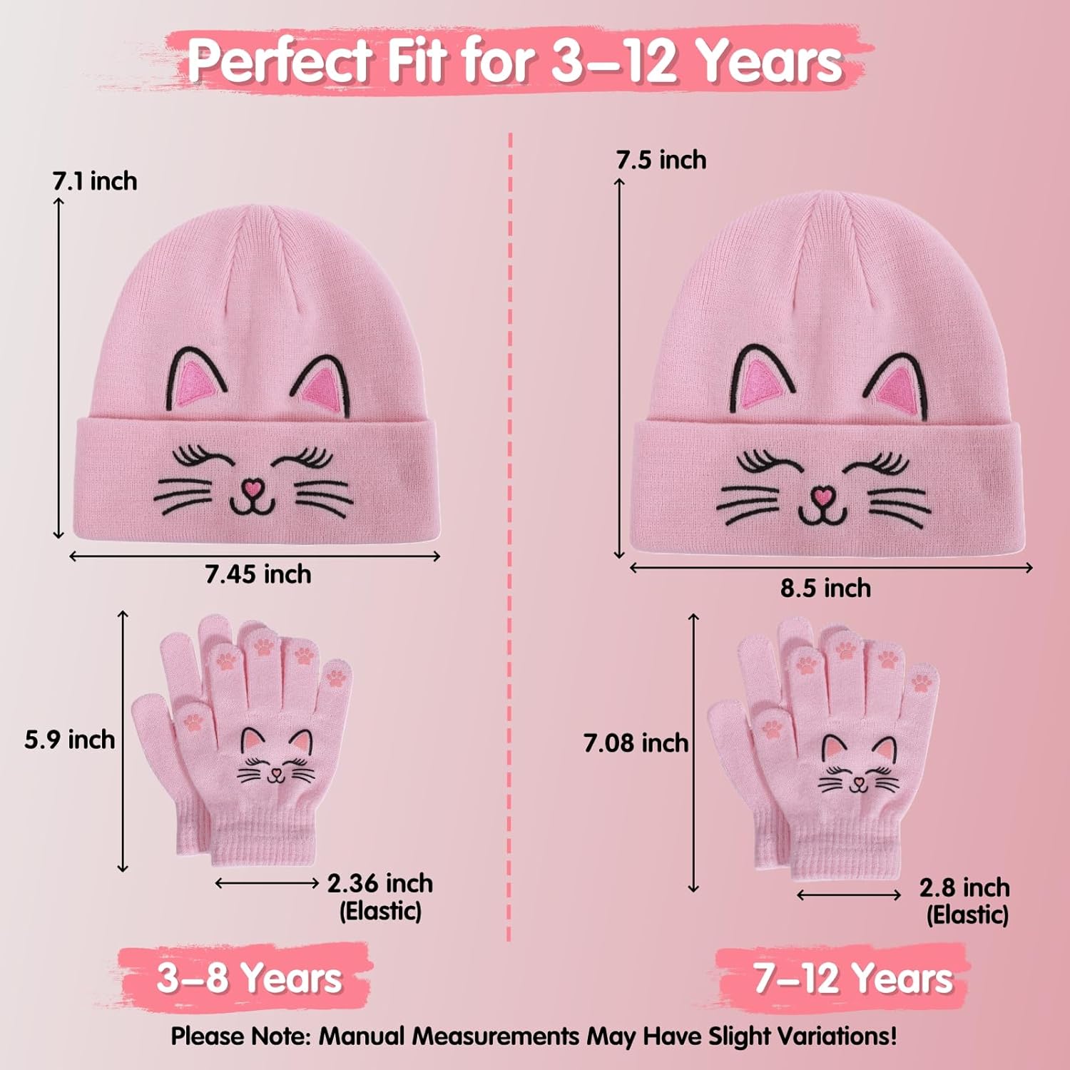 BEARAE Girls Hat and Gloves Set, Cute Cat Kids Winter Beanie Hat Gloves, Knitted Skiing Beanies Hats for Girls Kids 3-12T - Image 3