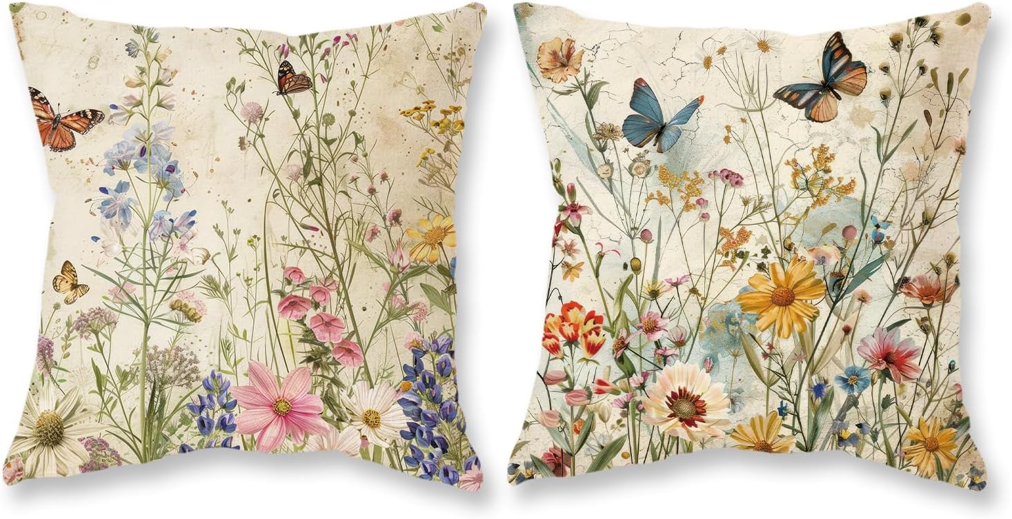 TAJWE Spring Floral Pillow Covers 18x18 Inch Set of 2 Wild Flowers Plant Butterfly Decorative Pillowcases Farmhouse Summer Seasonal Cushion Cases for Sofa Couch Home Decor