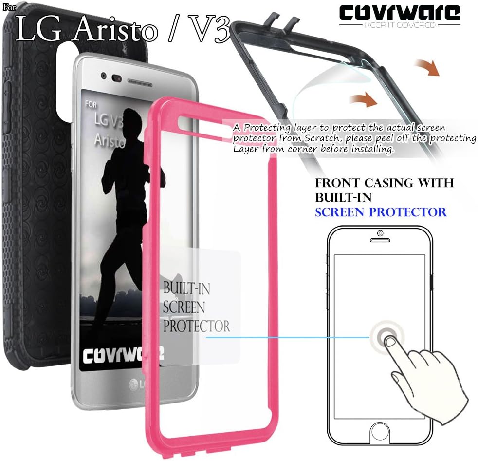 COVRWARE Iron Tank case for LG Aristo 3/Aristo 2/Aristo/Fortune 1/2/Rebel 2/4/Zone 4 with Built-in Screen Protector Heavy Duty Full-Body Holster Armor Brush Metal Texture Belt Clip Kickstand, Pink