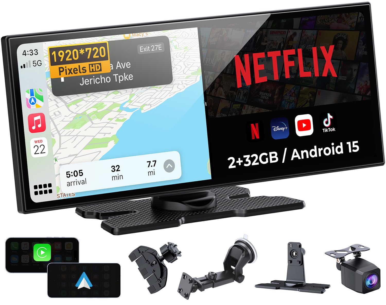 Wyświetlacz samochodowy 10,25" z funkcją CarPlay i Android Auto, zintegrowany Netflix i YouTube, kamera cofania HD, Dual Band WLAN, funkcja dzielonego ekranu, ekran In-Cell