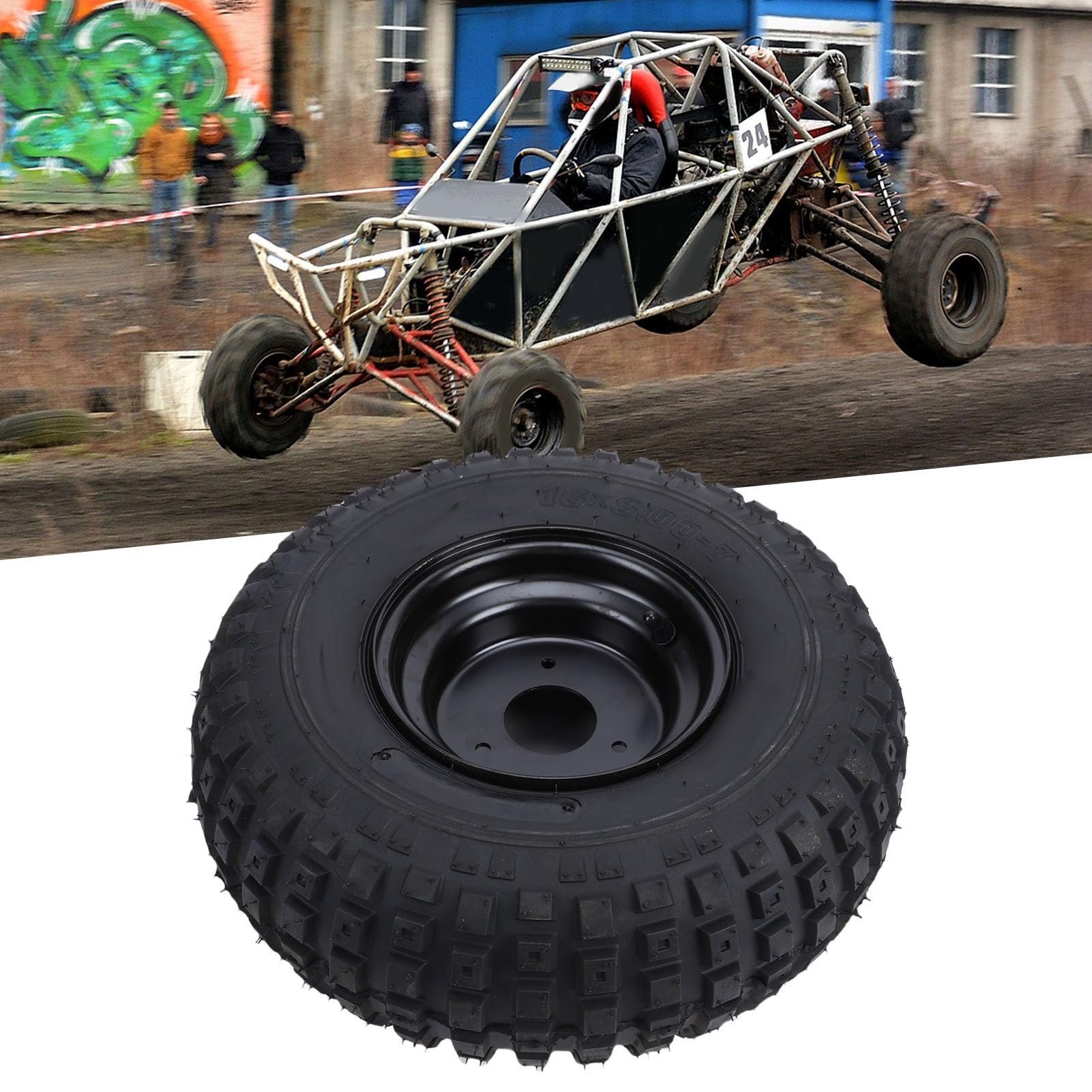 Luocute Neumático de Rueda ATV 16x8-7, Neumáticos Todo Terreno sin Cámara con Ruedas de 3 Lengüetas de 7 Pulgadas para Cortacésped UTV Quad Go Kart Cart, Antideslizante