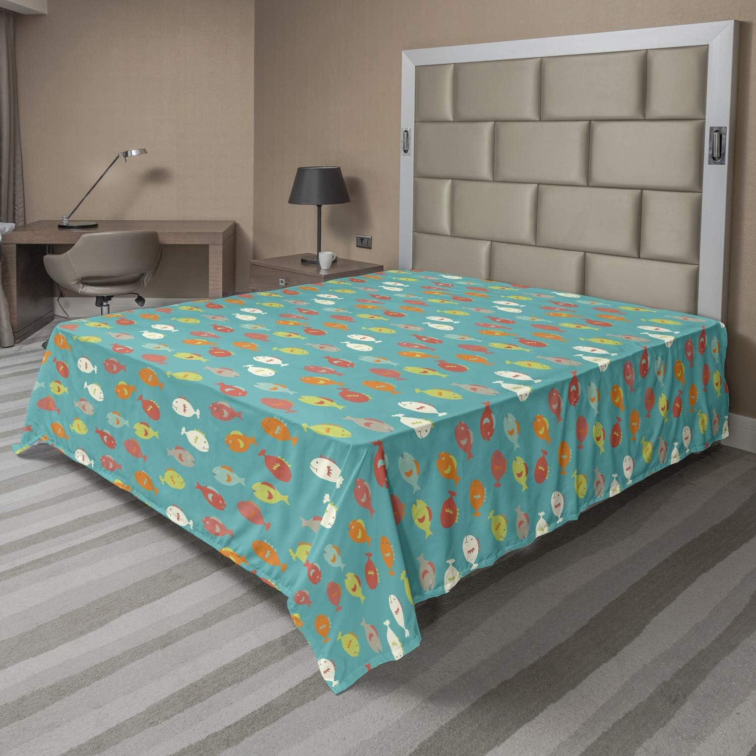 Ambesonne Fish Flat Sheet, Rainbow Colored Composition with Doodle Style Cartoon Animals on Turquoise Backdrop, Soft and Comfortable Top Sheet Decorative Bedding 1 Piece, Full Size, Multicolor