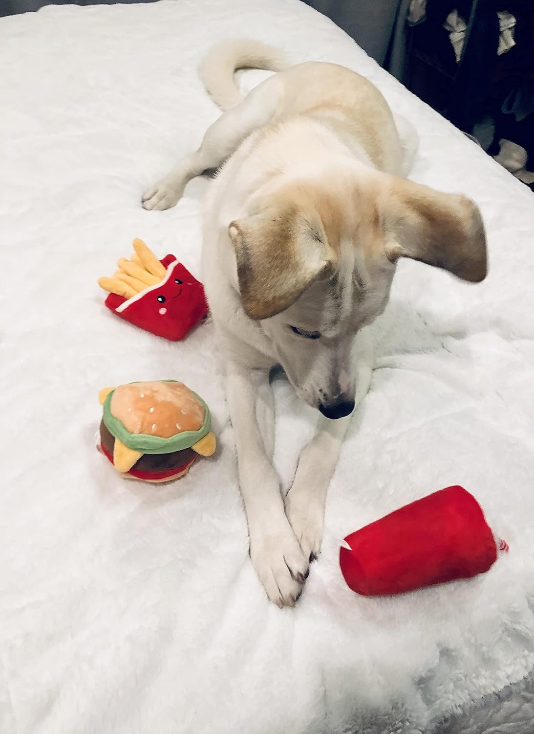 Glow Pups Dog Toys, Squeaky Plush Food Parody Dog Toy with Fun Fast Food Design, Durable Plush Material for Small to Medium Dogs (3 Pack: Hamburger, Fries, Milkshake) - Red